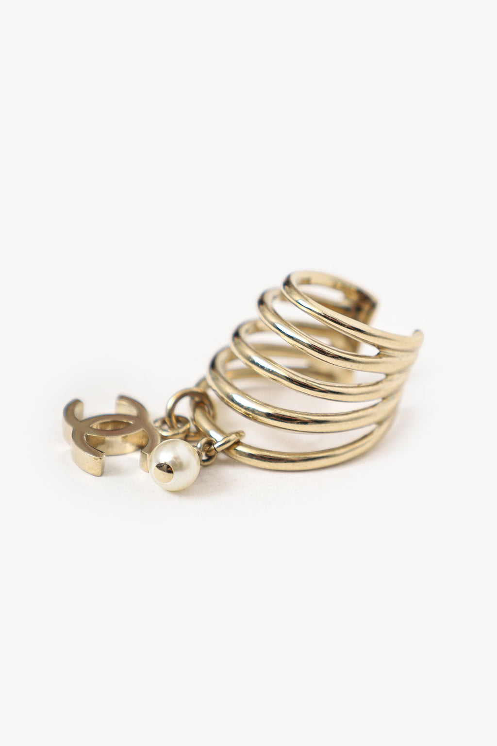 Pre-Loved Chanel™ Gold Tone Pearl CC Logo Dangle Drop Ear Cuff