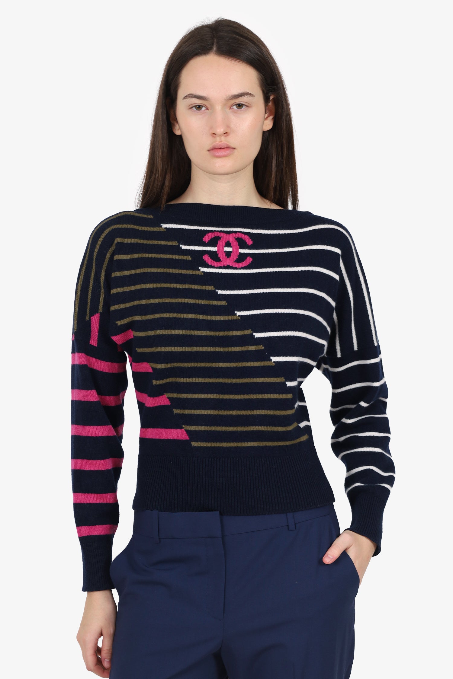 Pre-Loved Chanel™ Navy Cashmere Stripes CC Sweater Size 34