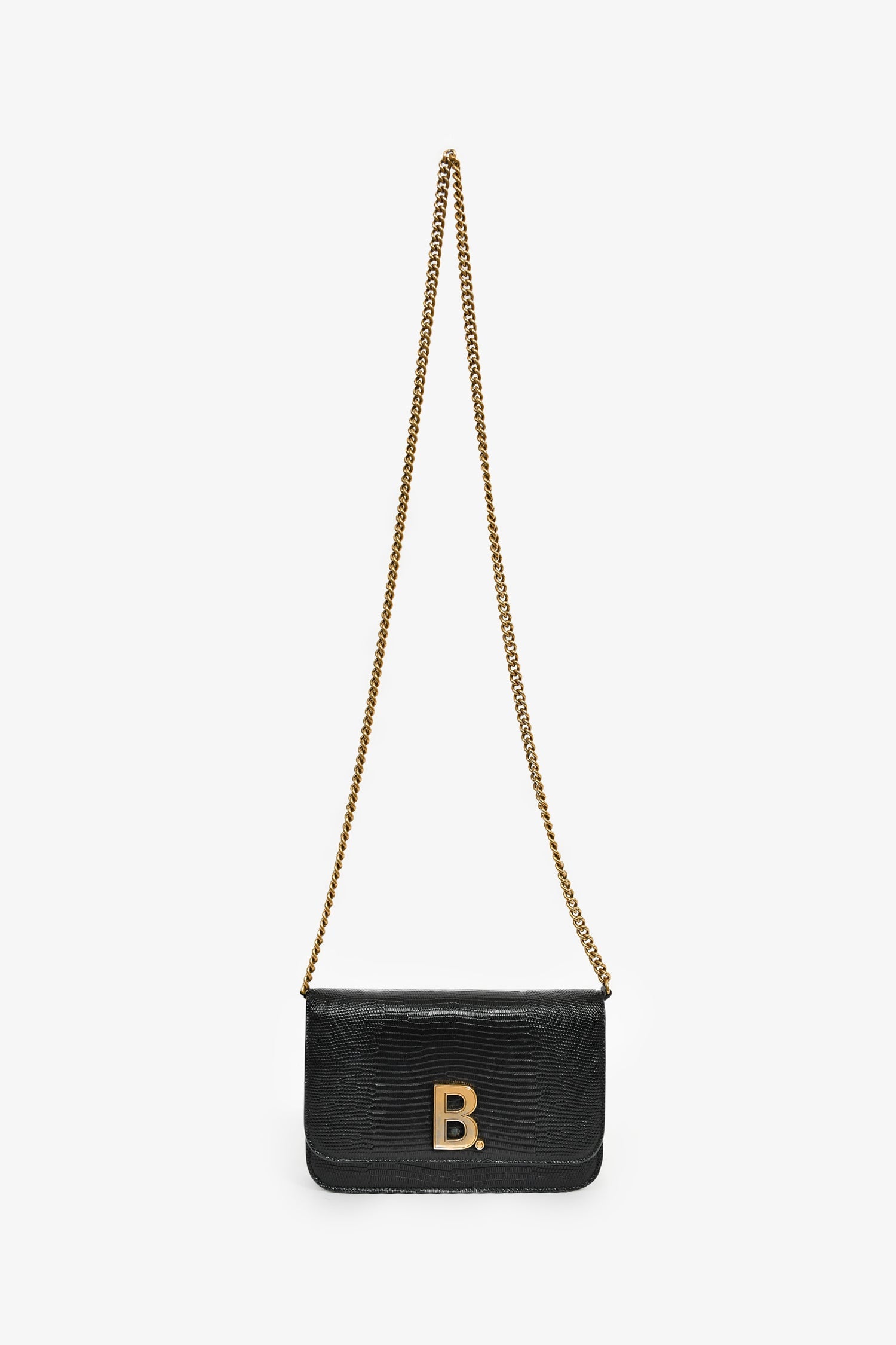 Balenciaga Black Lizard Embossed B. Logo Wallet On Chain Crossbody