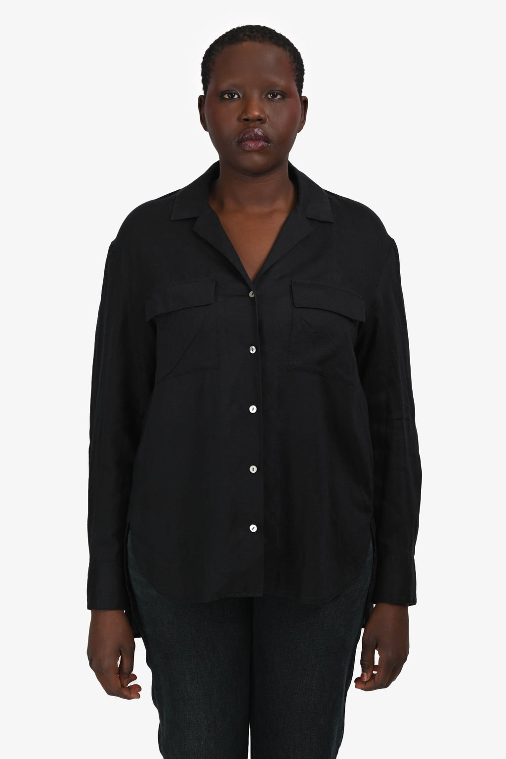 Theory Black Linen Collared Button Down Top Size L