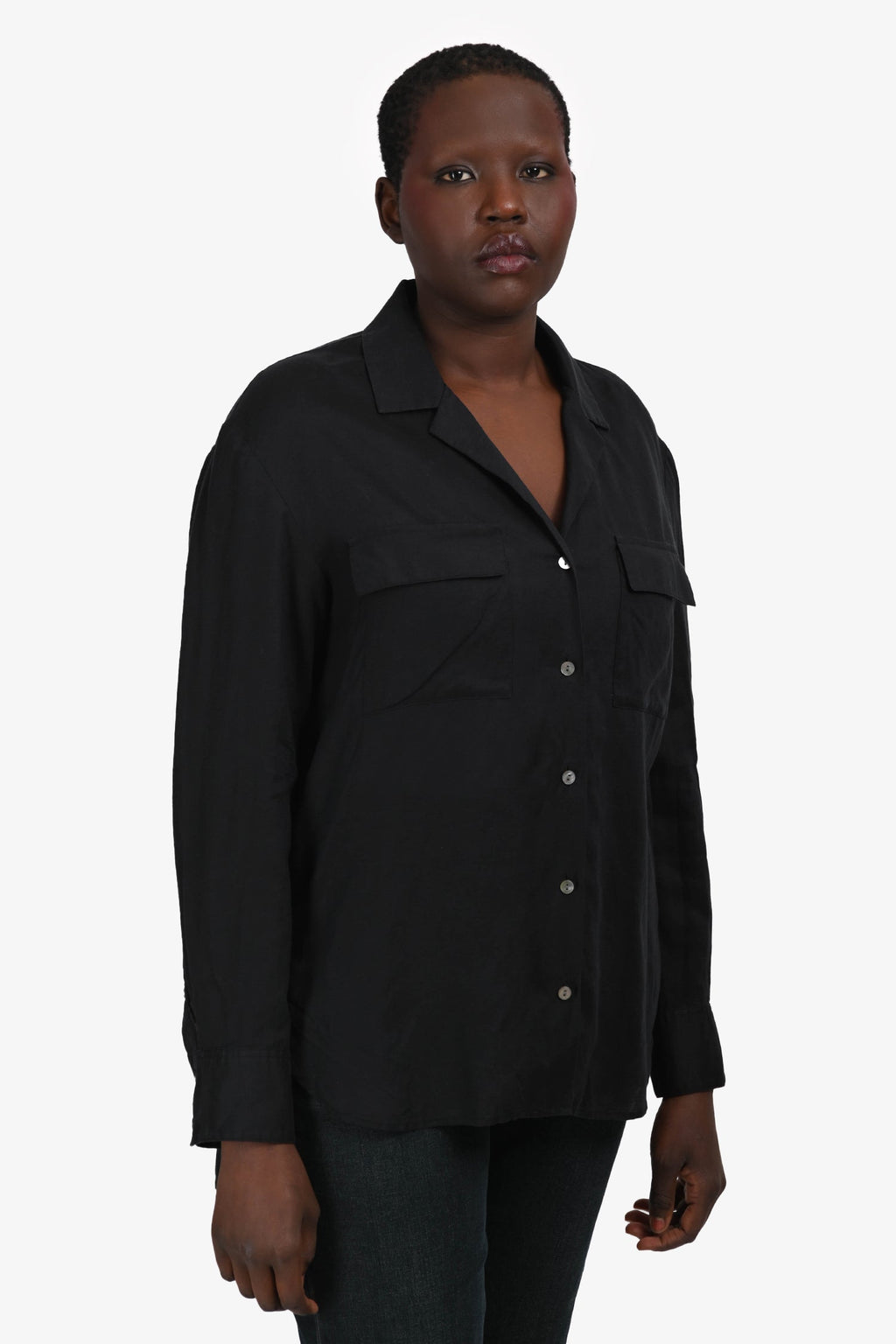 Theory Black Linen Collared Button Down Top Size L
