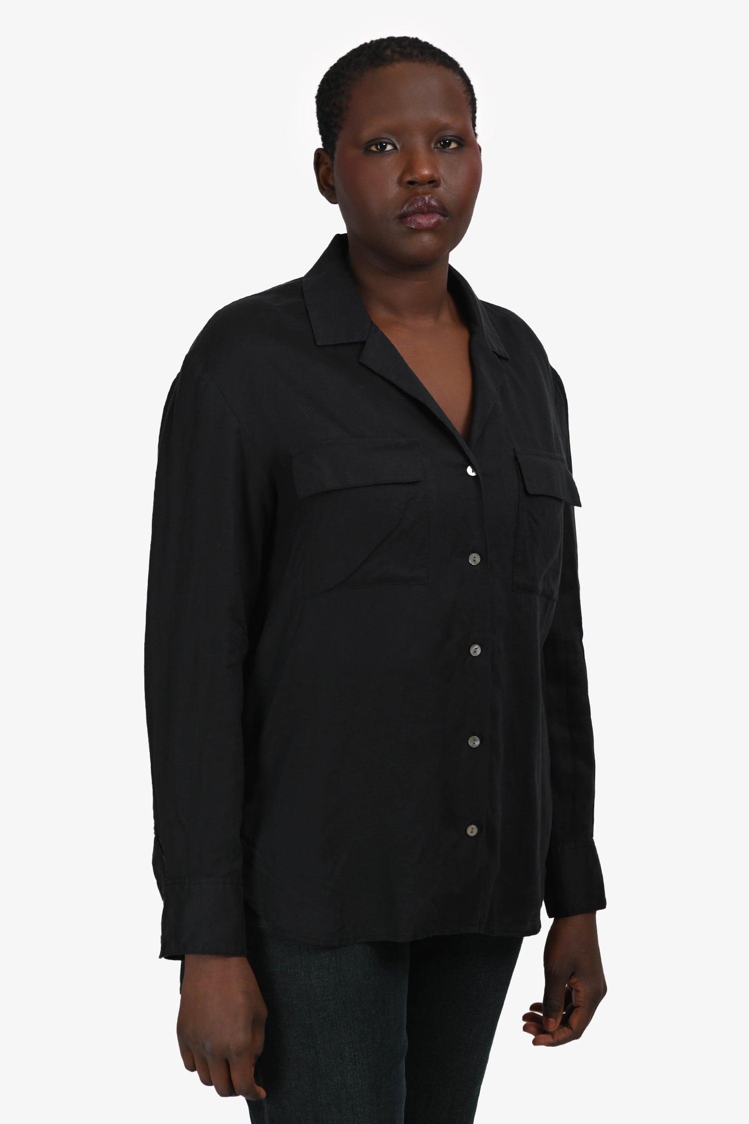 Theory Black Linen Collared Button Down Top Size L