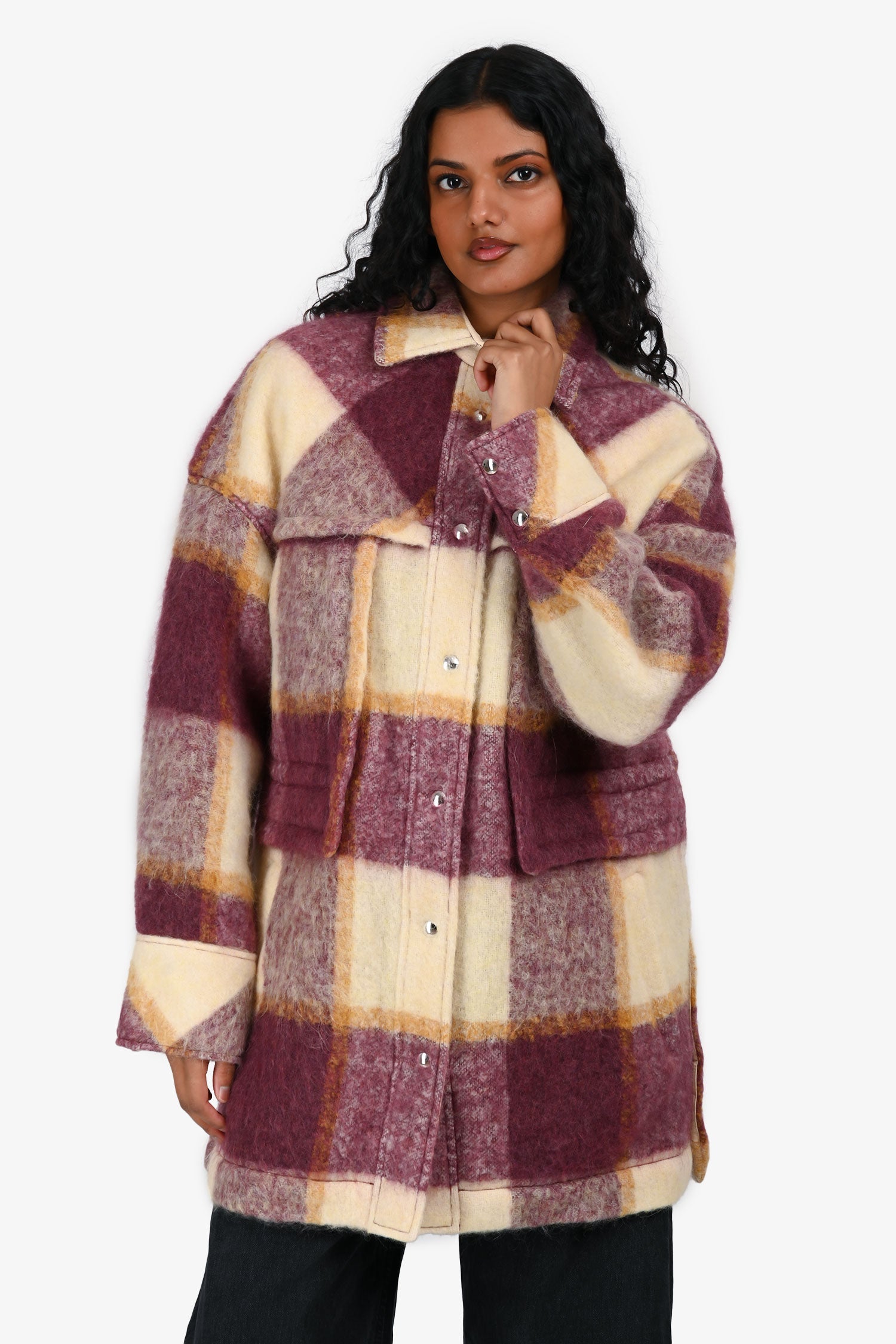IRO Cream/Burgundy Mohair/Alpaca Blend Plaid Shirt Jacket Size S