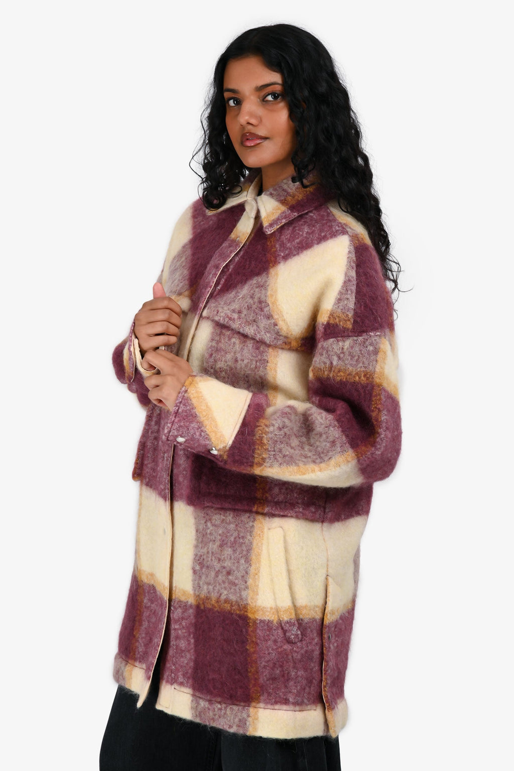IRO Cream/Burgundy Mohair/Alpaca Blend Plaid Shirt Jacket Size S