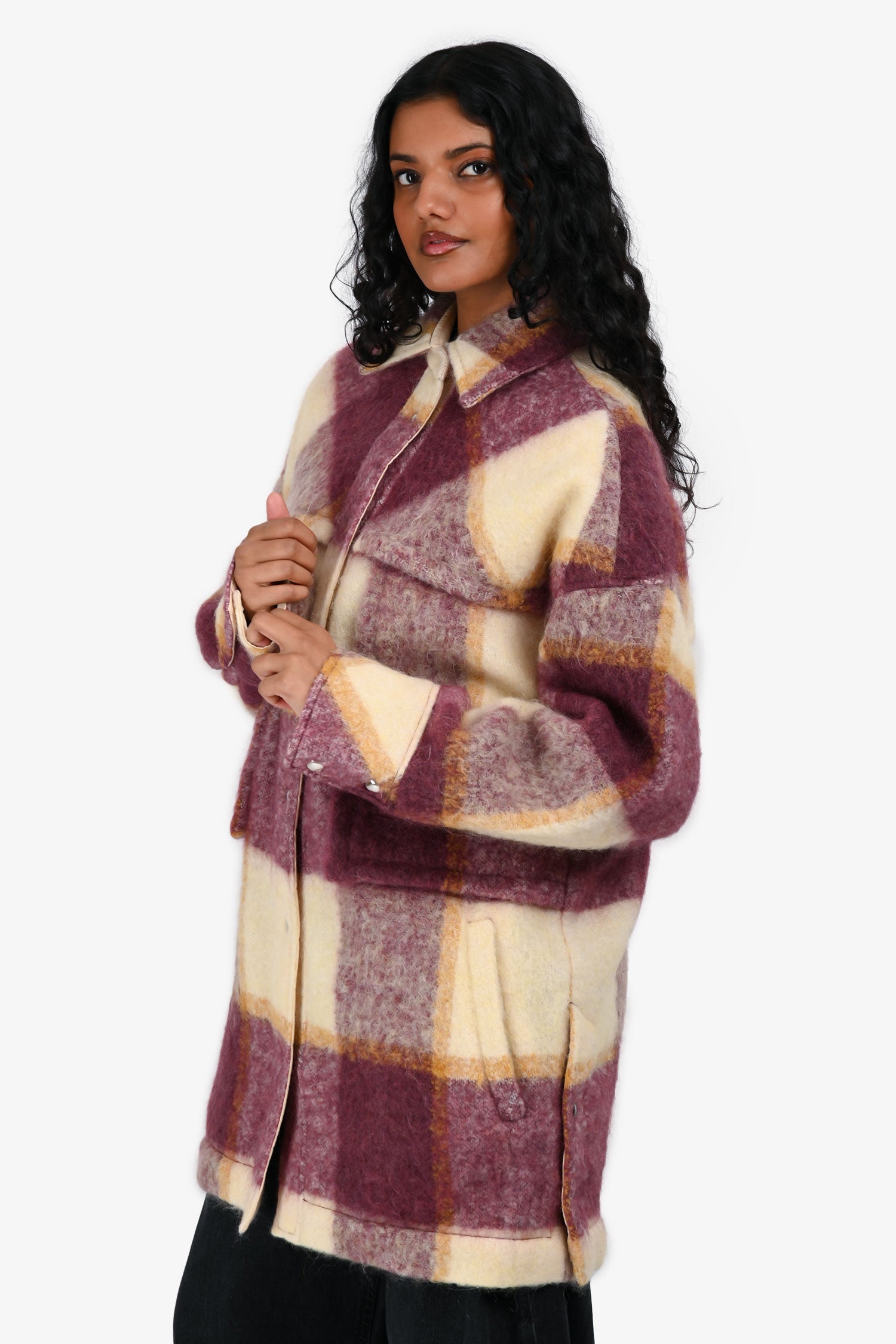 IRO Cream/Burgundy Mohair/Alpaca Blend Plaid Shirt Jacket Size S