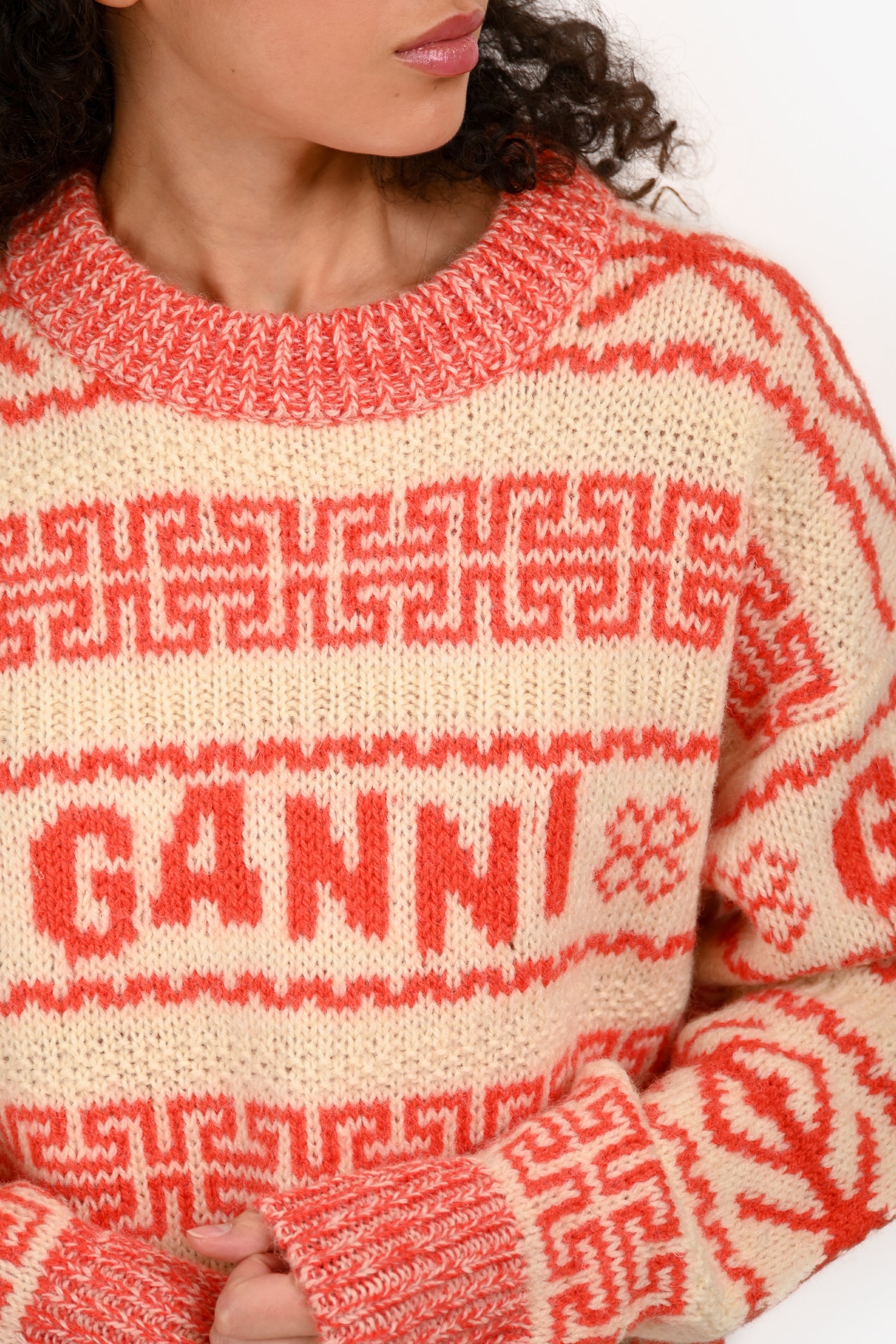 Ganni Cream/Red Wool All Over Logo Crew Neck Sweater Size XS