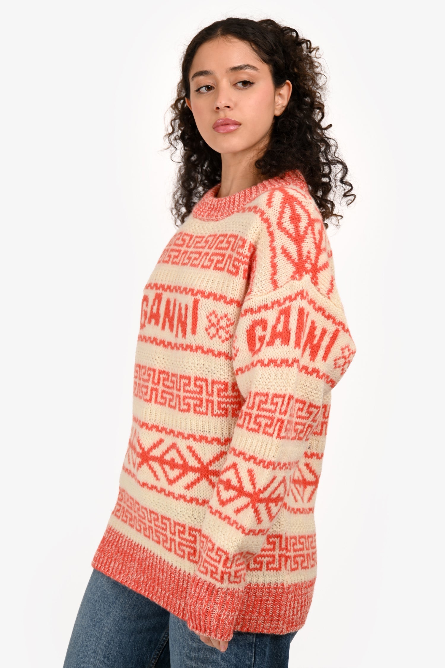 Ganni Cream/Red Wool All Over Logo Crew Neck Sweater Size XS