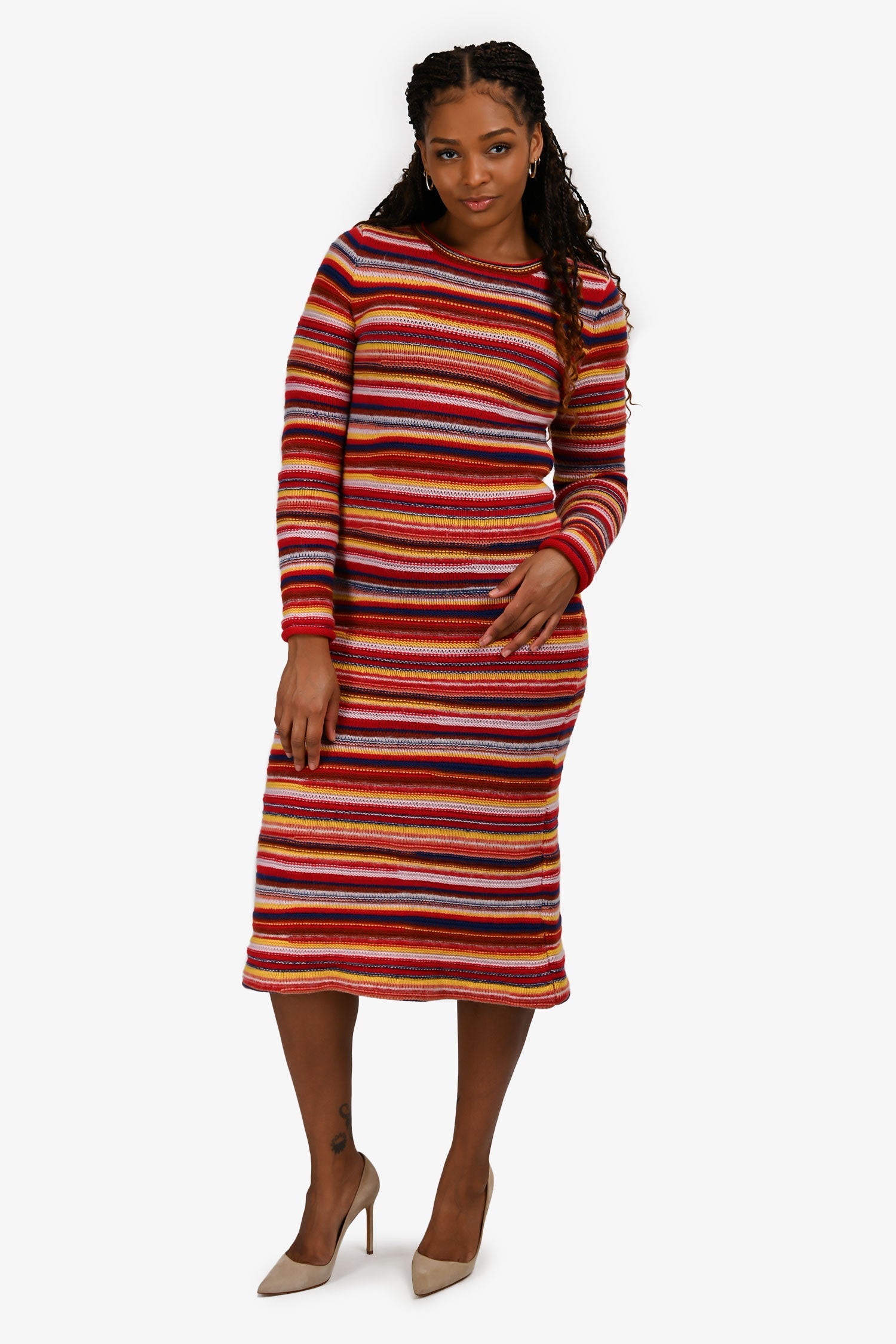 Chloe Red Stipped Cashmere Knit Long Dress Size XS