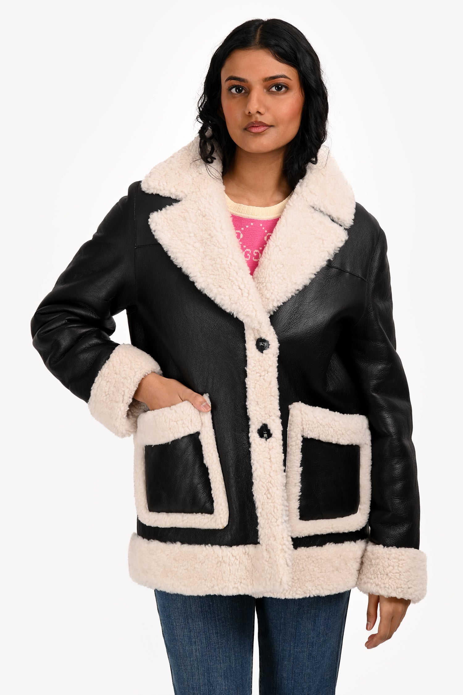 Maje Black Lambskin Shearling Jacket Size 36