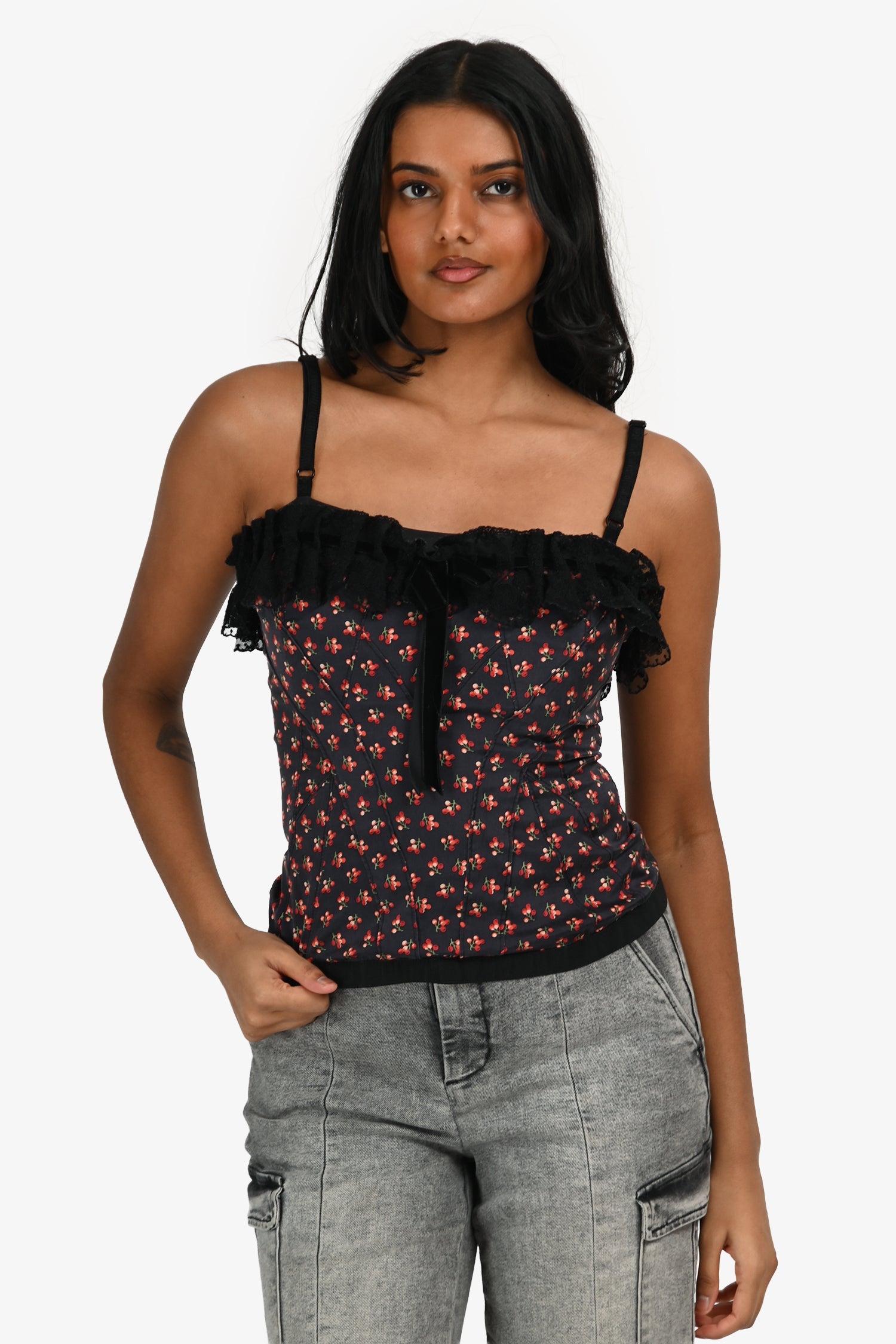 D&G by Dolce & Gabbana Black Floral Lace Trim Tank Top Size 26/40