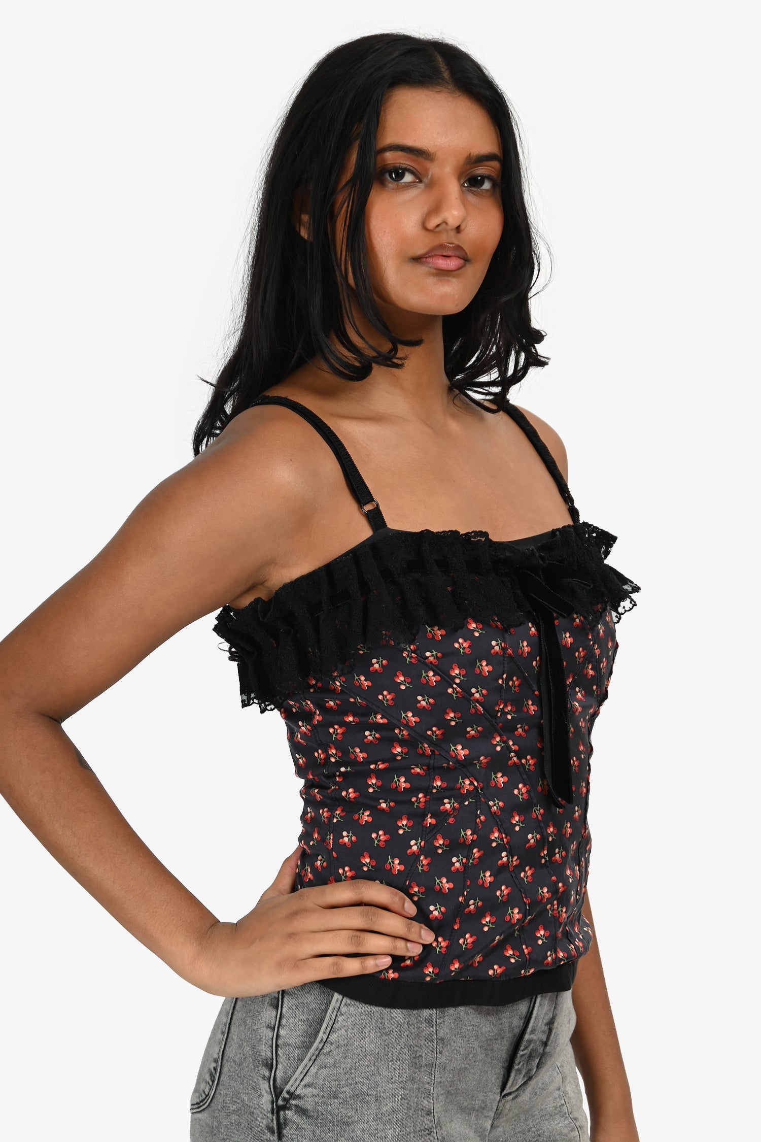 D&G by Dolce & Gabbana Black Floral Lace Trim Tank Top Size 26/40