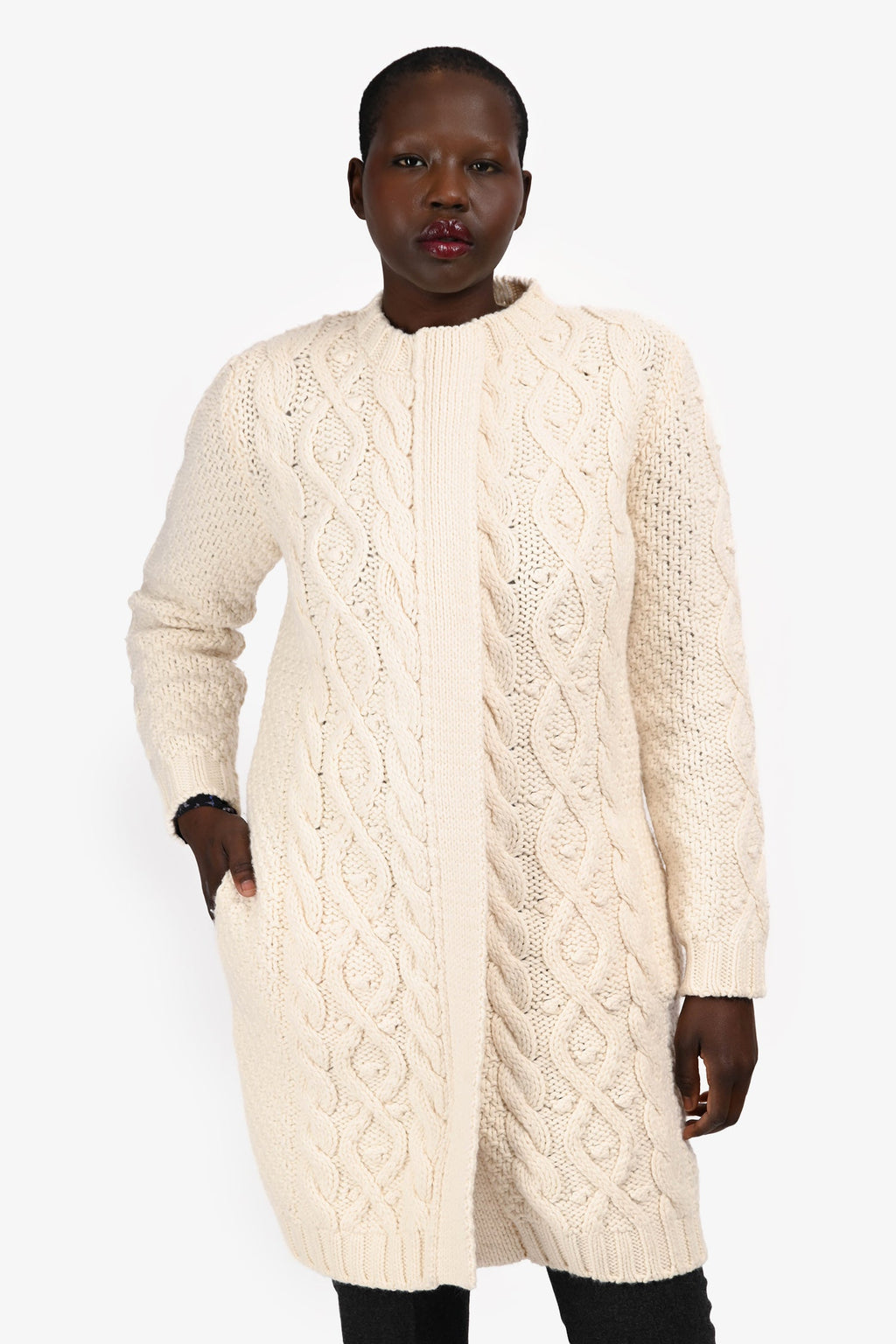 Max Mara Cream Wool/Cashmere Blend Cable Knit Zip-Up Mid Length Sweater Size M