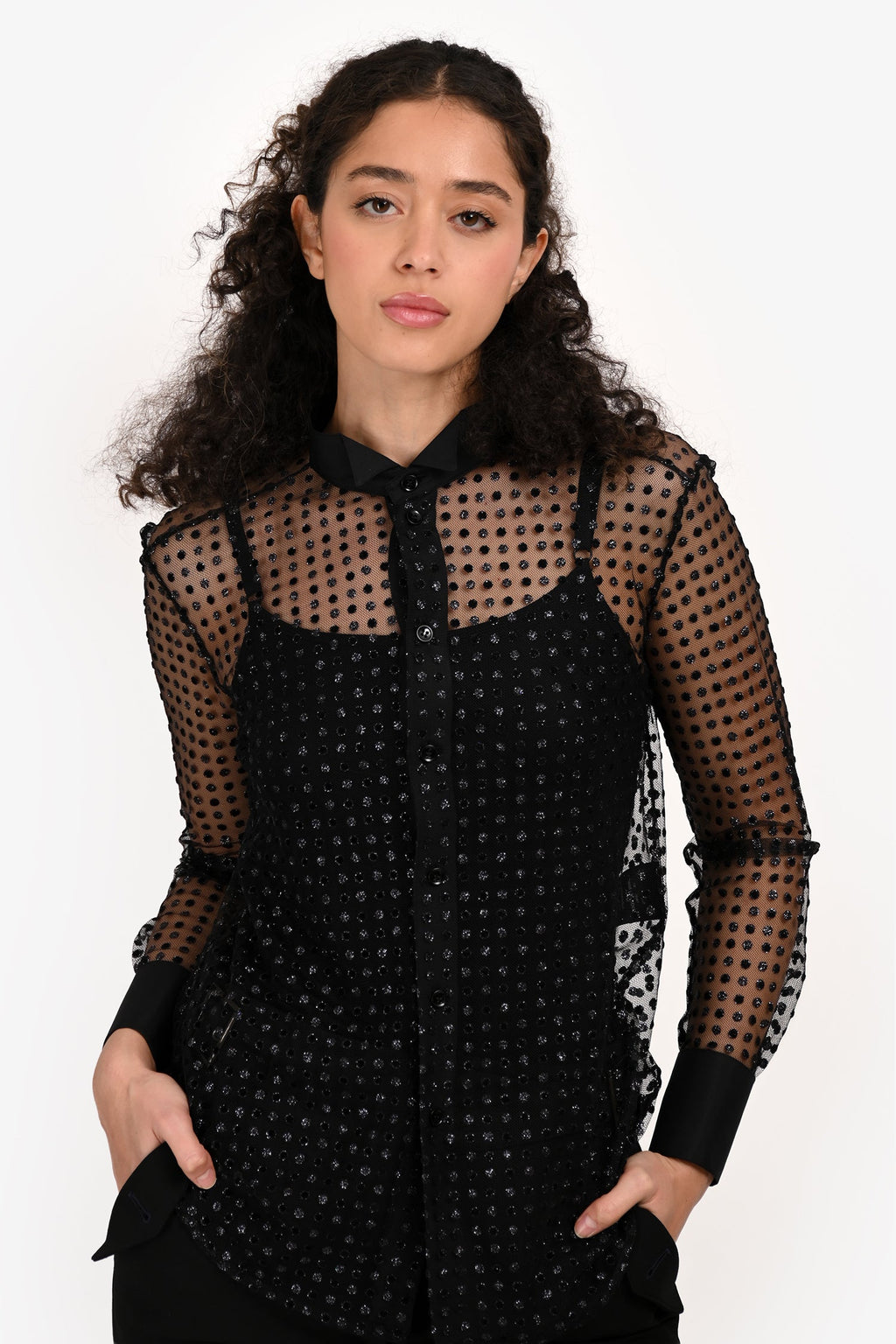 Saint Laurent 2016 Black Sheer Glitter Polka Dot Blouse Size 38