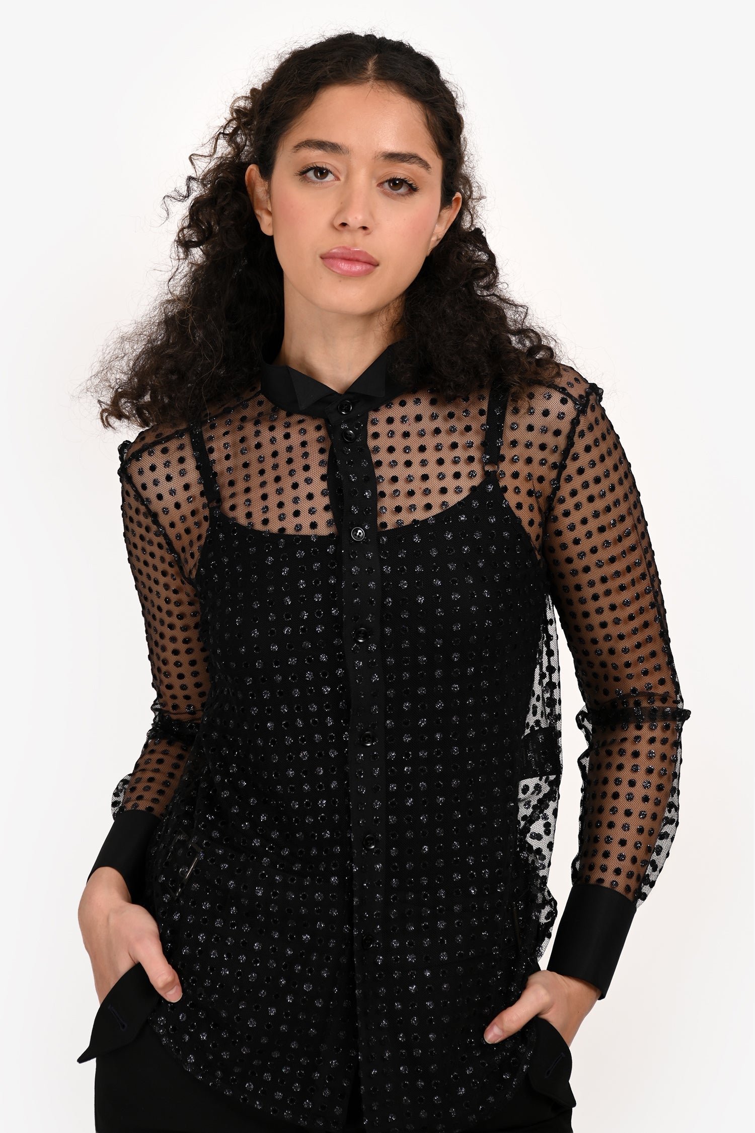 Saint Laurent 2016 Black Sheer Glitter Polka Dot Blouse Size 38