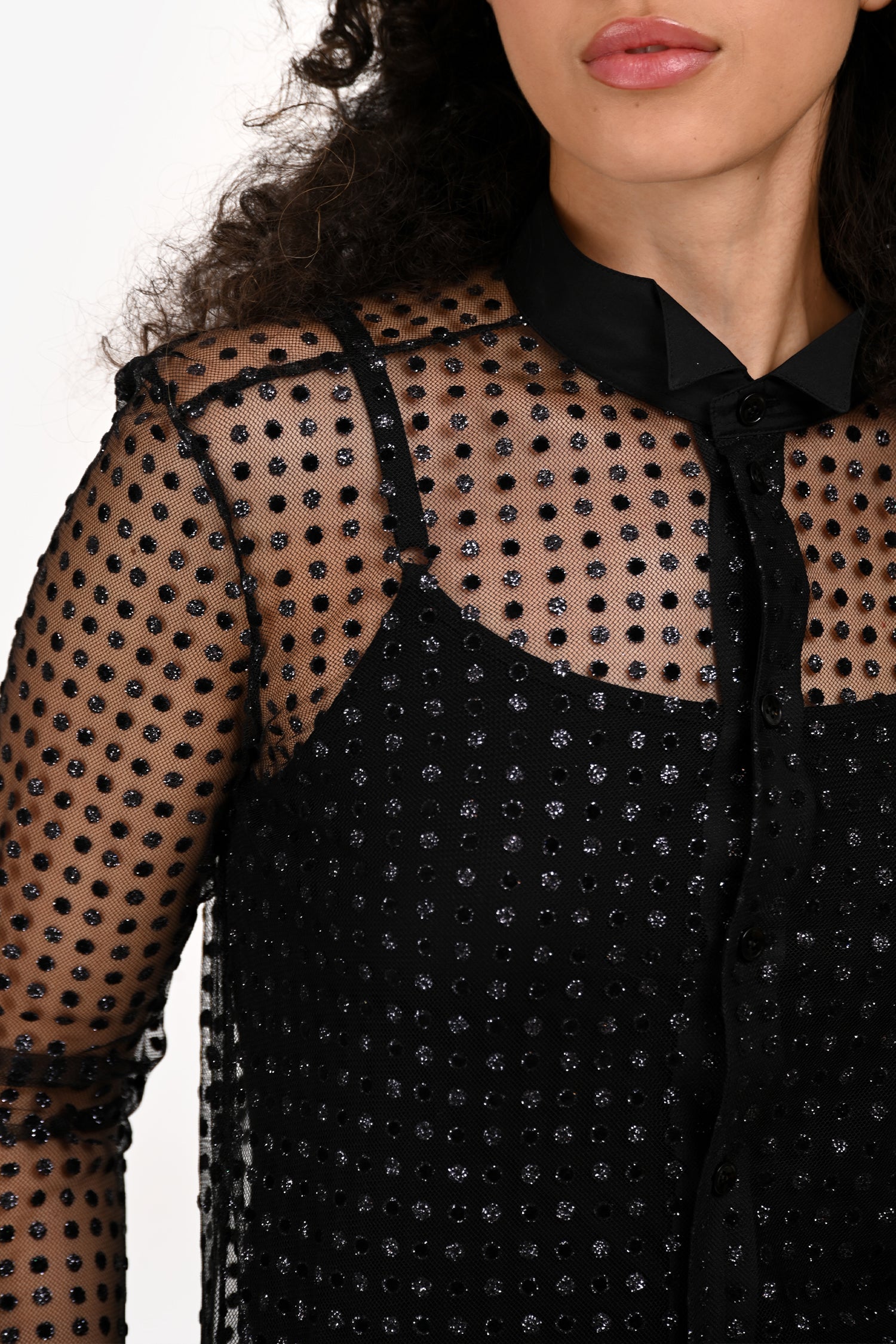 Saint Laurent 2016 Black Sheer Glitter Polka Dot Blouse Size 38