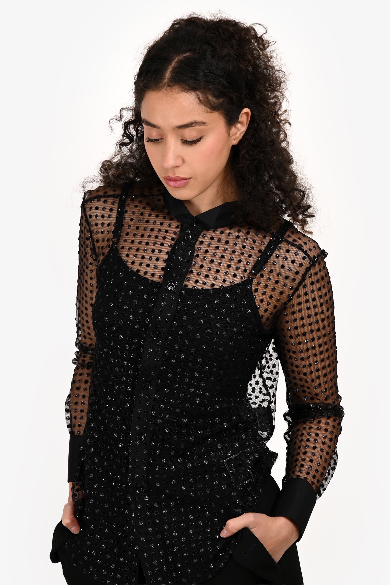 Saint Laurent 2016 Black Sheer Glitter Polka Dot Blouse Size 38
