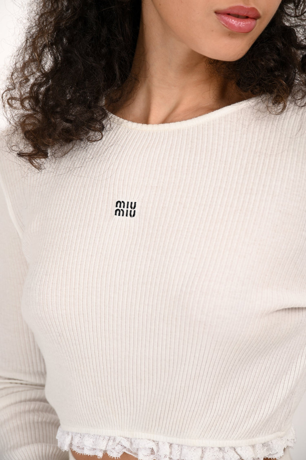 Miu Miu 2021 White Cotton Ribbed Logo Long Sleeve Cropped Top Size S