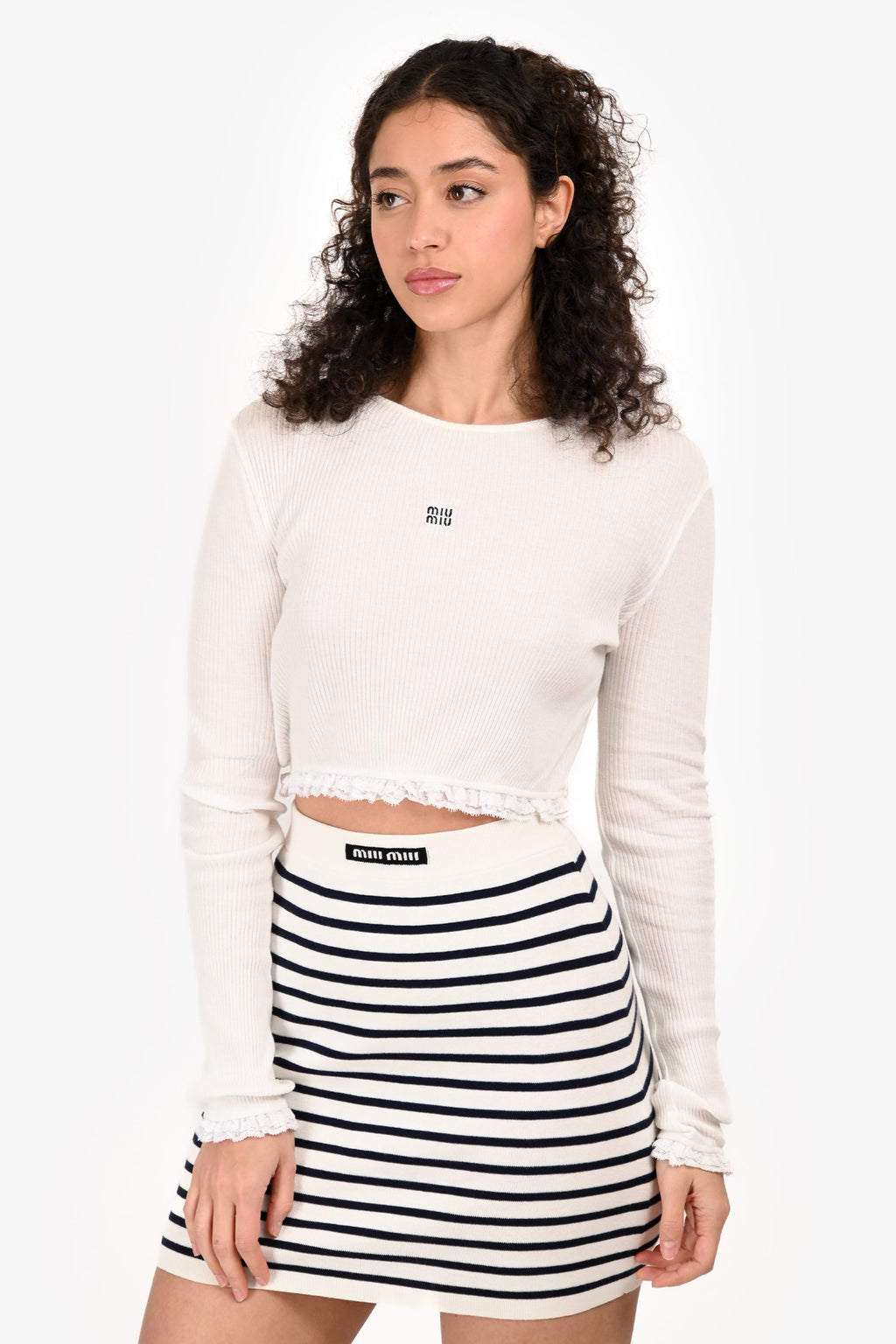 Miu Miu 2021 White Cotton Ribbed Logo Long Sleeve Cropped Top Size S