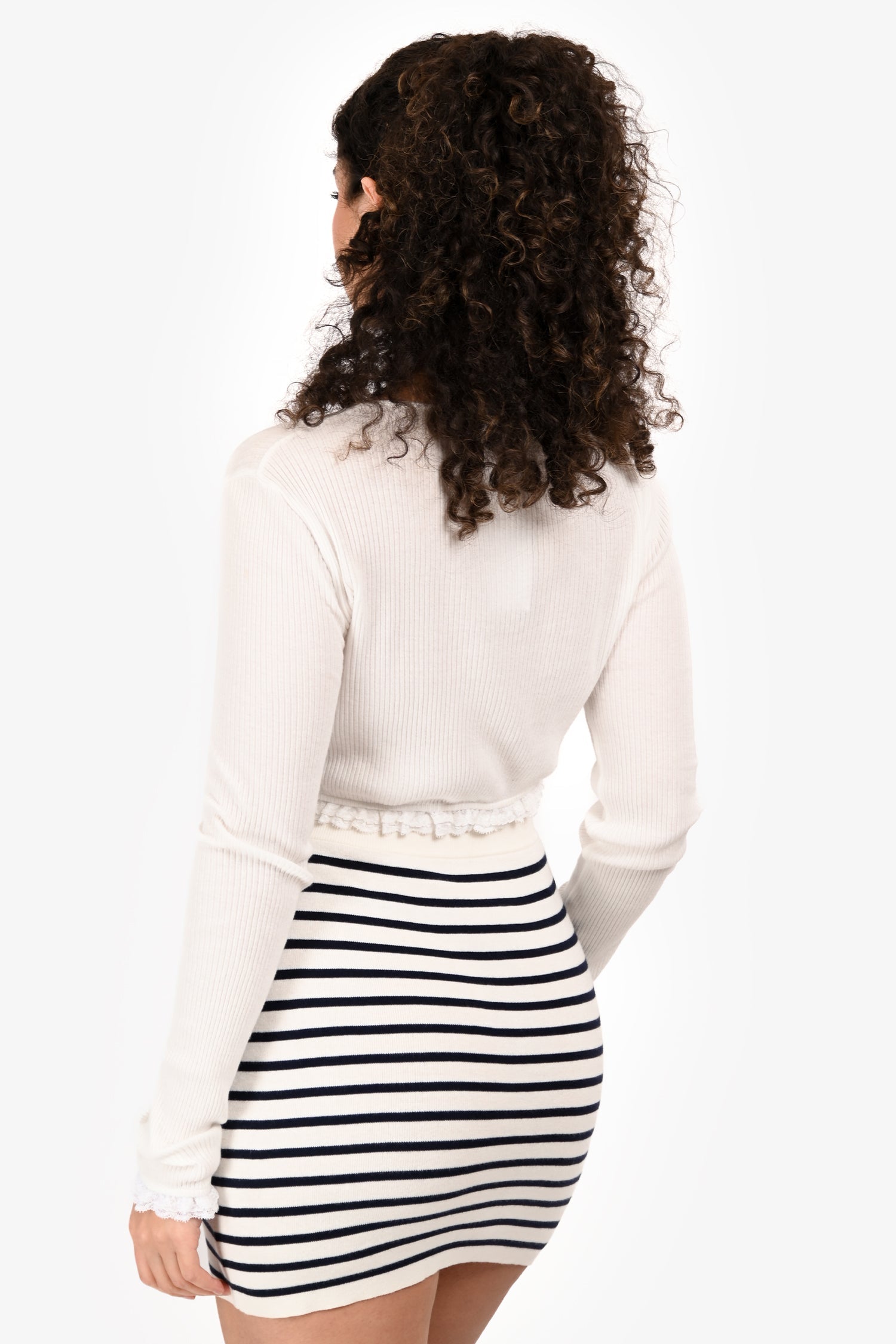 Miu Miu 2021 White Cotton Ribbed Logo Long Sleeve Cropped Top Size S