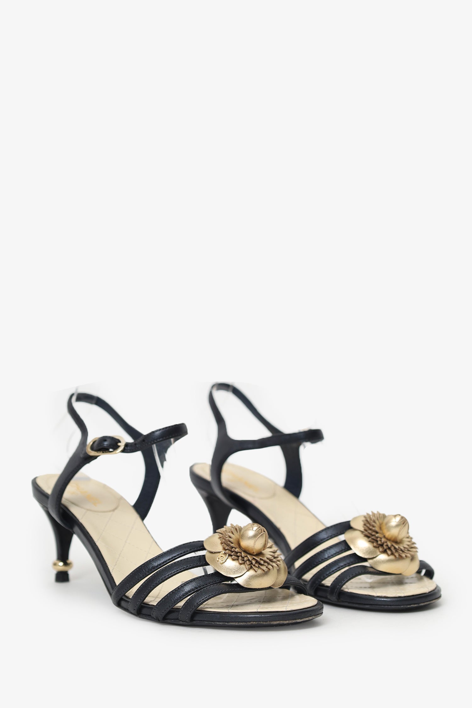 Pre-Loved Chanel™ Black Leather Camellia Applique Ankle Strap Sandals Size 38