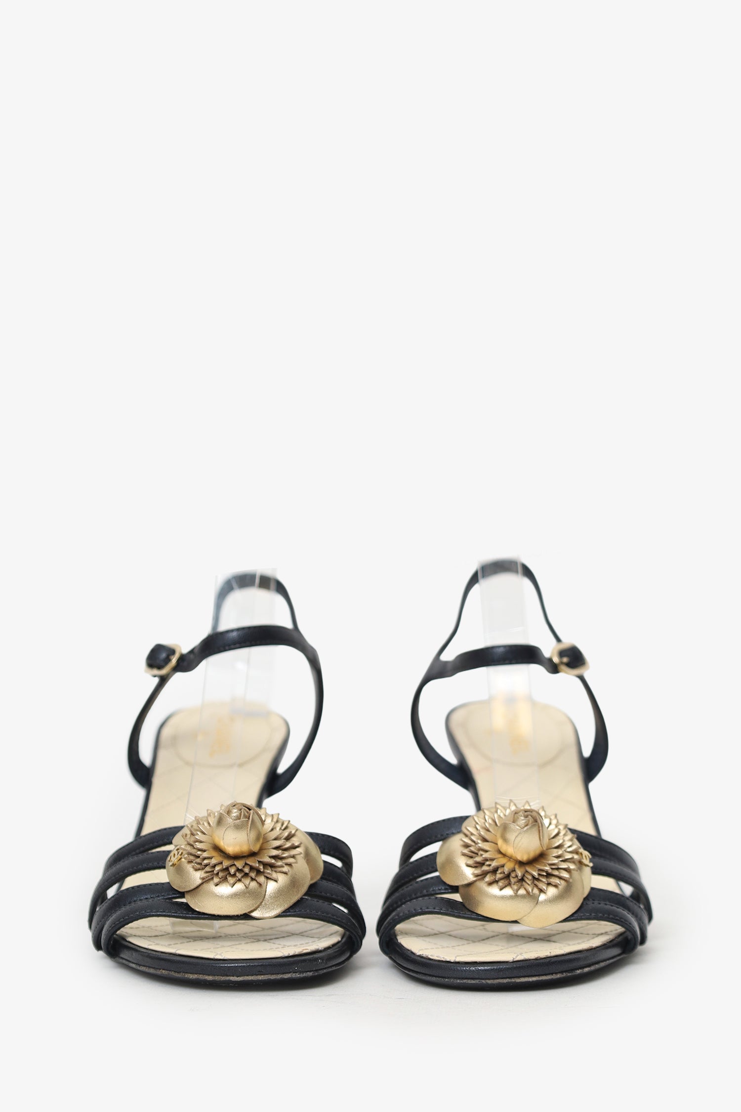 Pre-Loved Chanel™ Black Leather Camellia Applique Ankle Strap Sandals Size 38