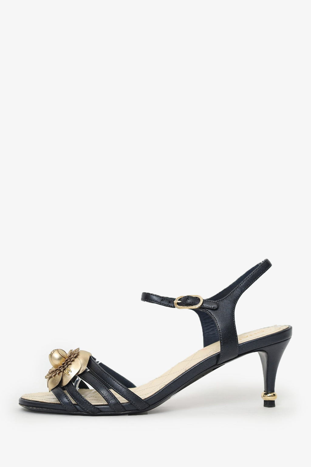 Pre-Loved Chanel™ Black Leather Camellia Applique Ankle Strap Sandals Size 38