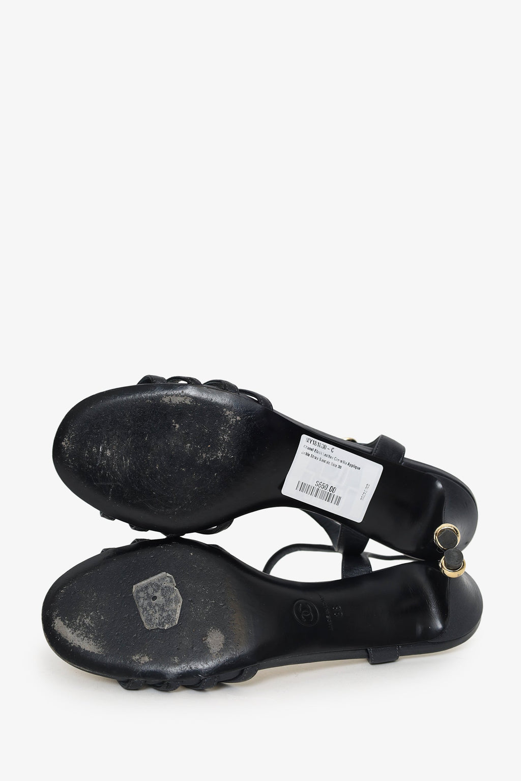 Pre-Loved Chanel™ Black Leather Camellia Applique Ankle Strap Sandals Size 38