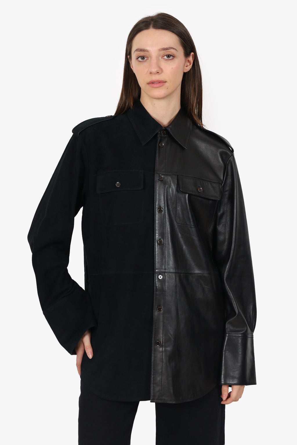 Peter Do Black Leather/Suede Button Down Shirt Size L