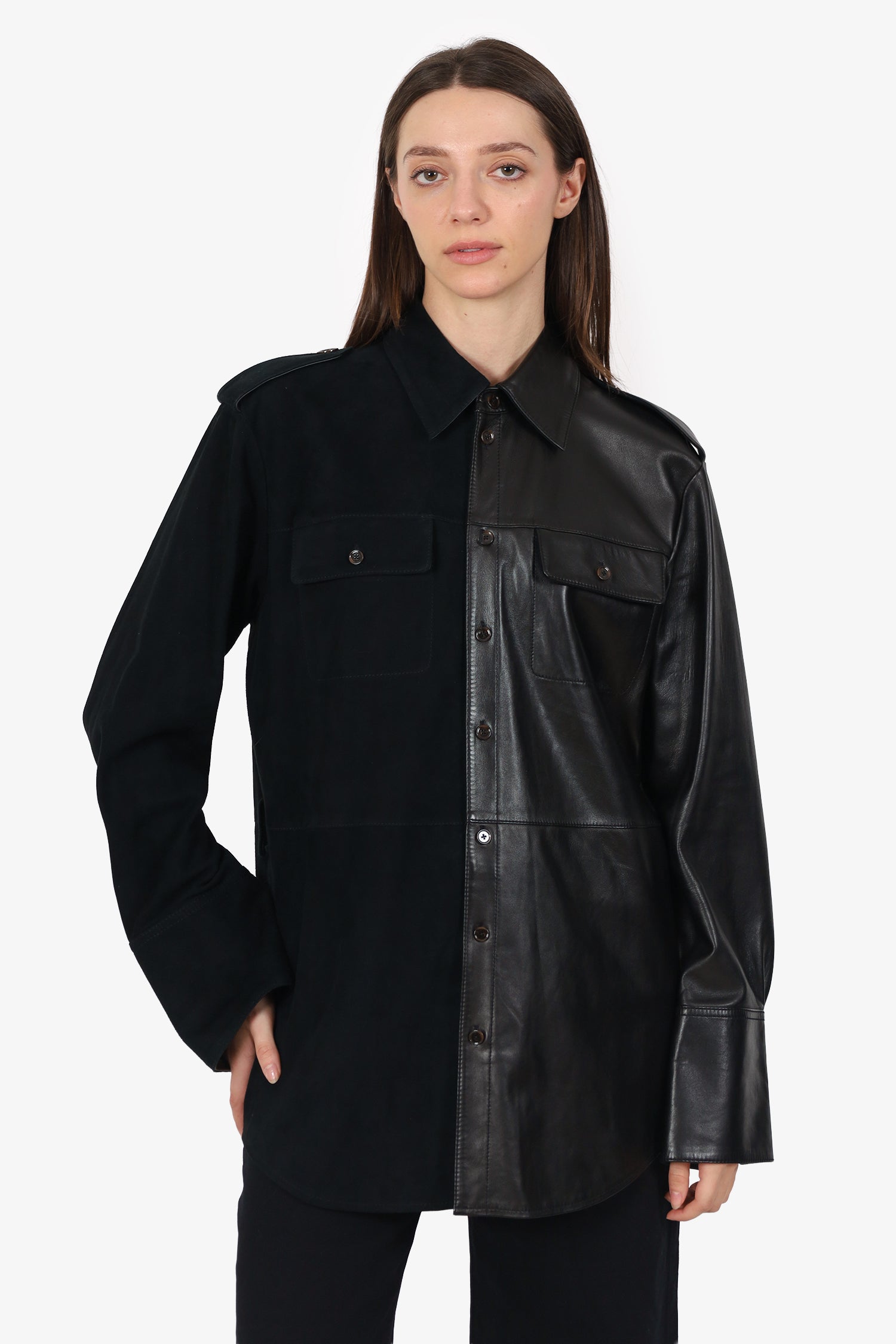 Peter Do Black Leather/Suede Button Down Shirt Size L