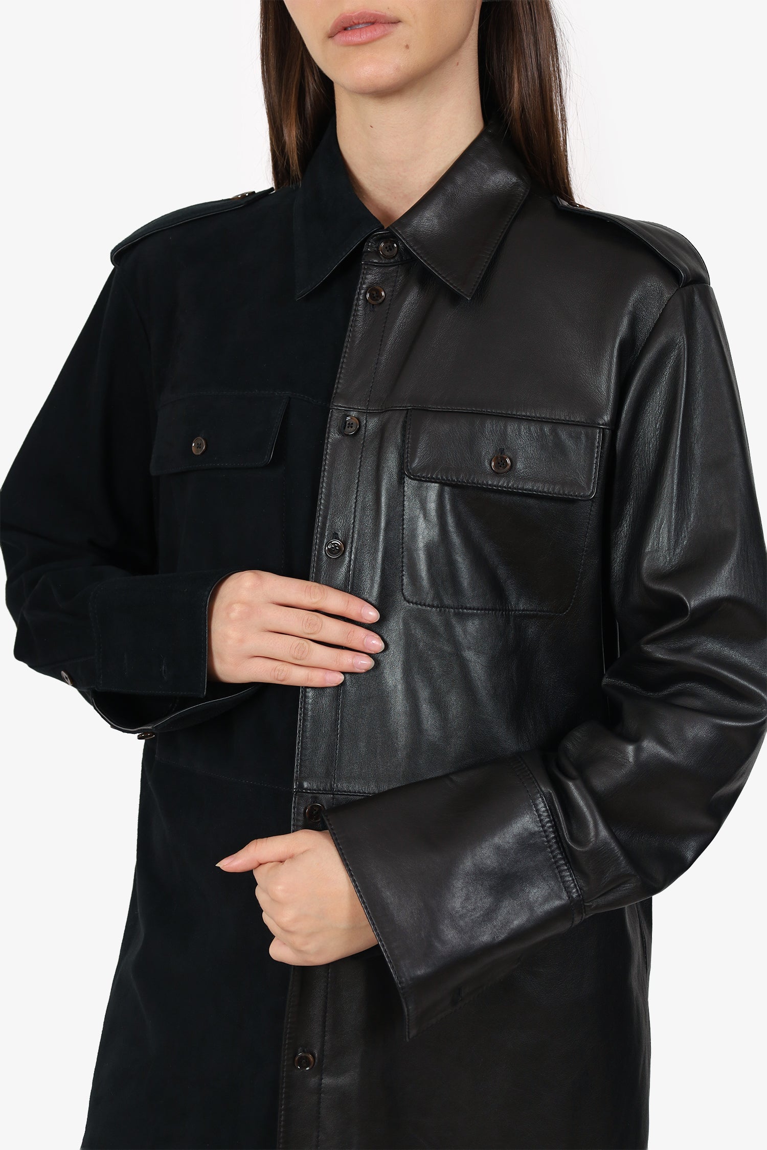 Peter Do Black Leather/Suede Button Down Shirt Size L