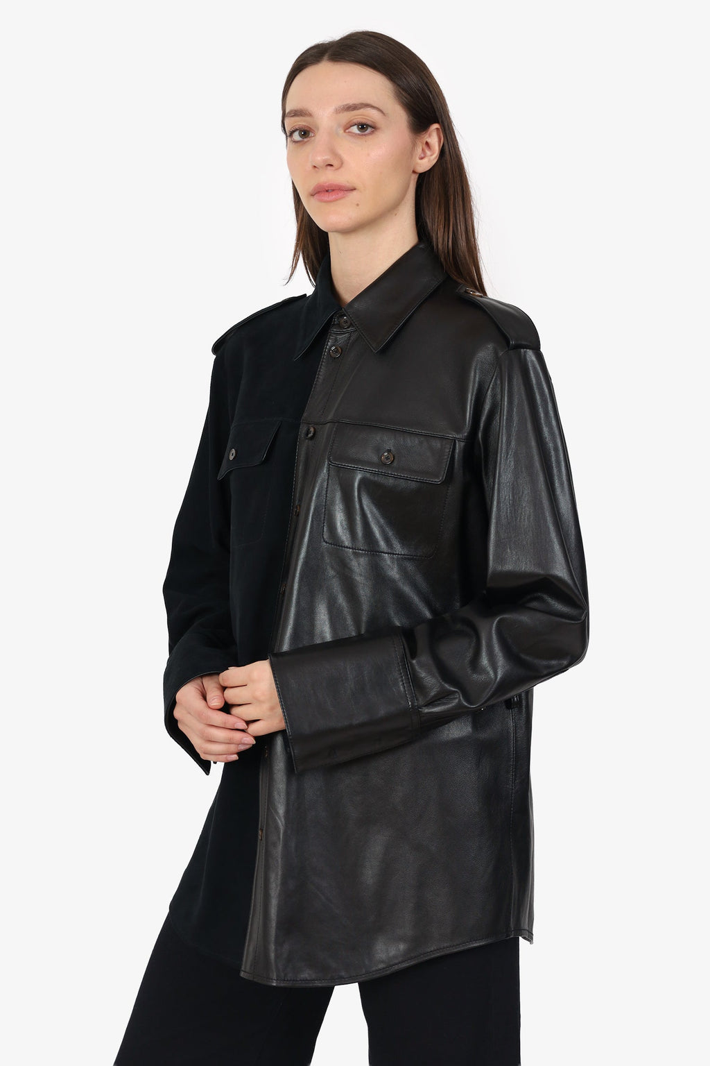 Peter Do Black Leather/Suede Button Down Shirt Size L
