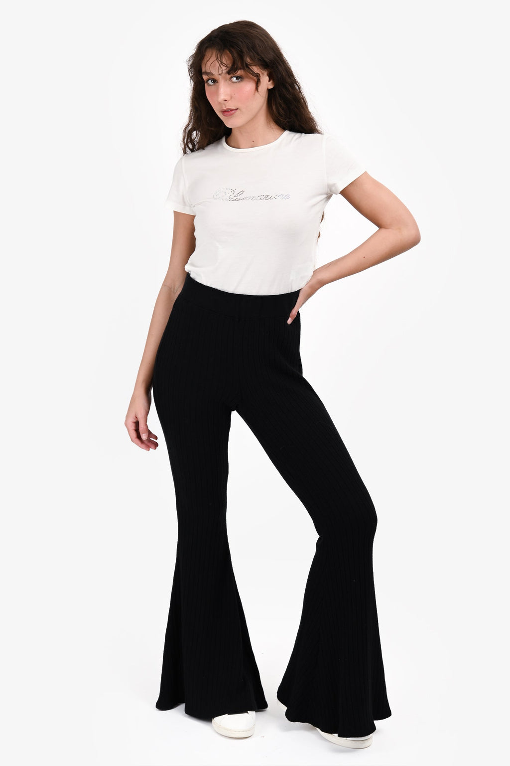 L'Agence Black Cotton Blend Ribbed Flare Pants Size M
