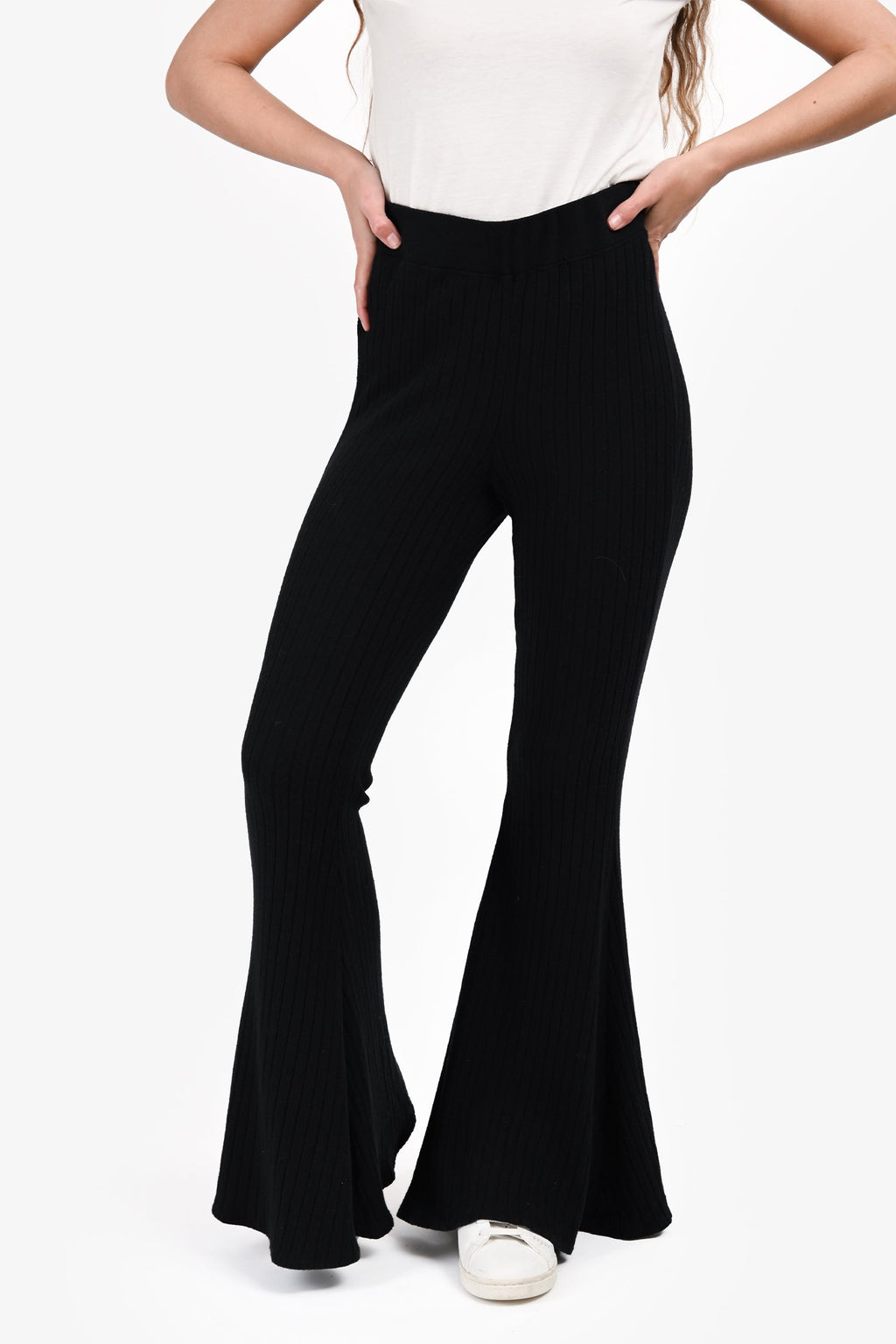 L'Agence Black Cotton Blend Ribbed Flare Pants Size M