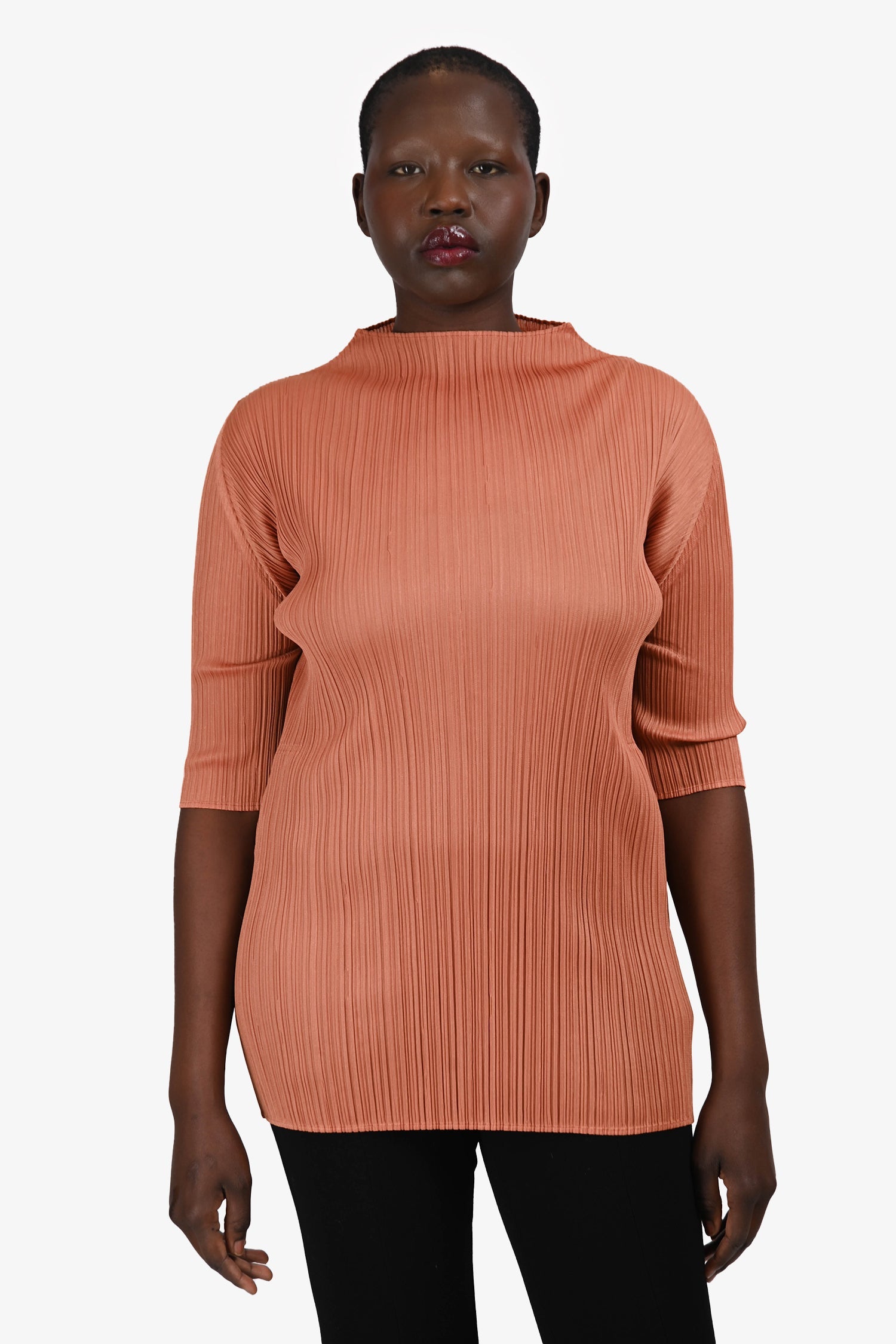 Pleats Please Orange Pleated Short Sleeve Mock Neck Top Size 3