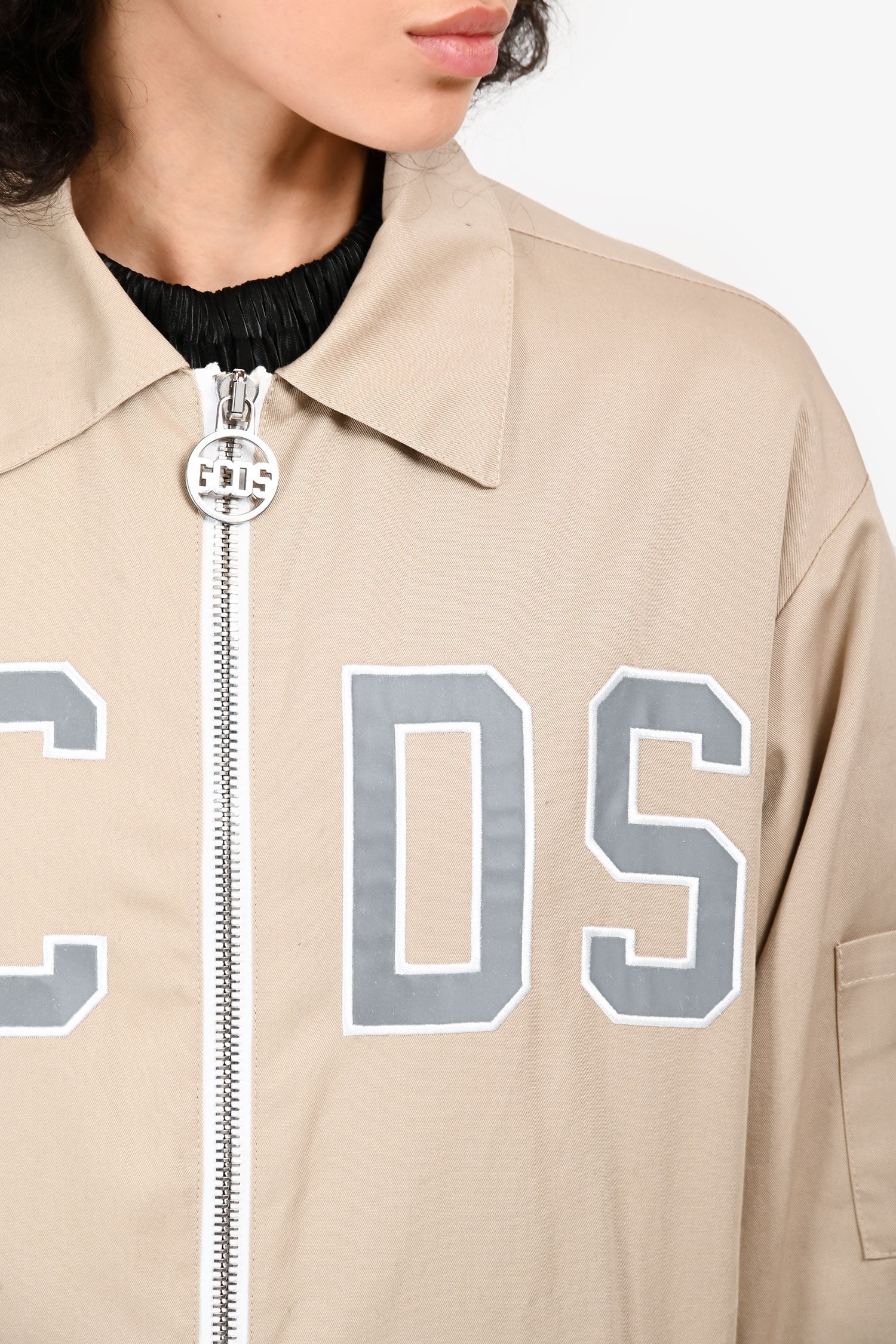 GCDS Beige Cotton Logo Zip-Up Jacket Size M