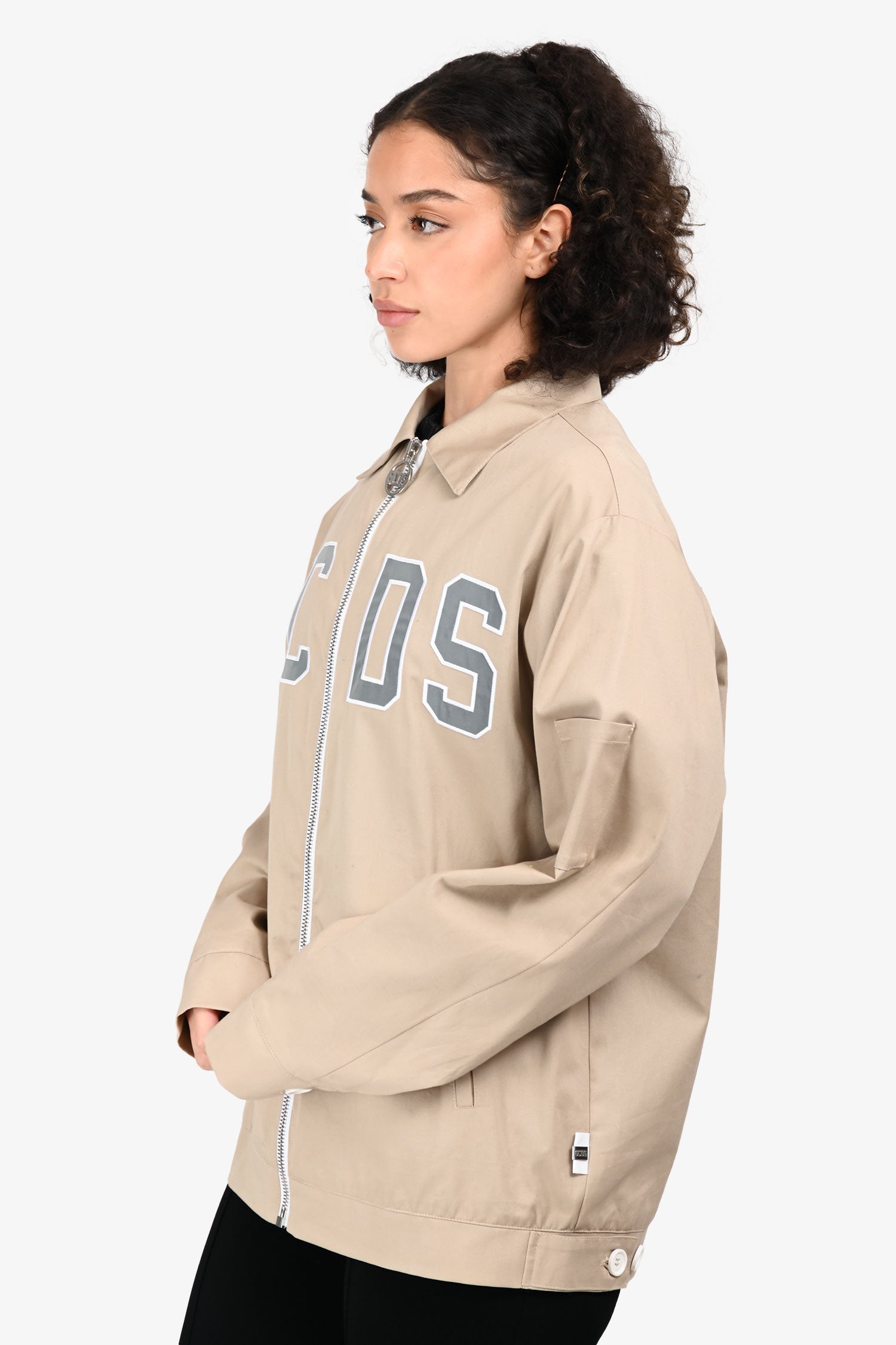 GCDS Beige Cotton Logo Zip-Up Jacket Size M