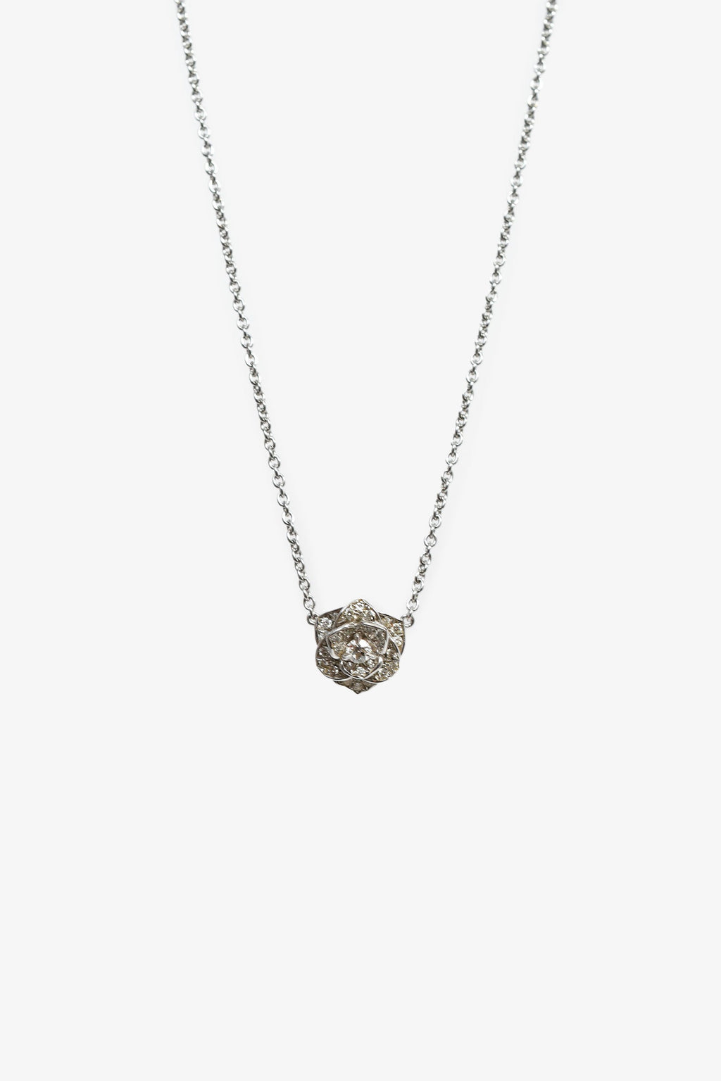 Piaget 18K White Gold .23ct Diamond Rose Pendant Necklace