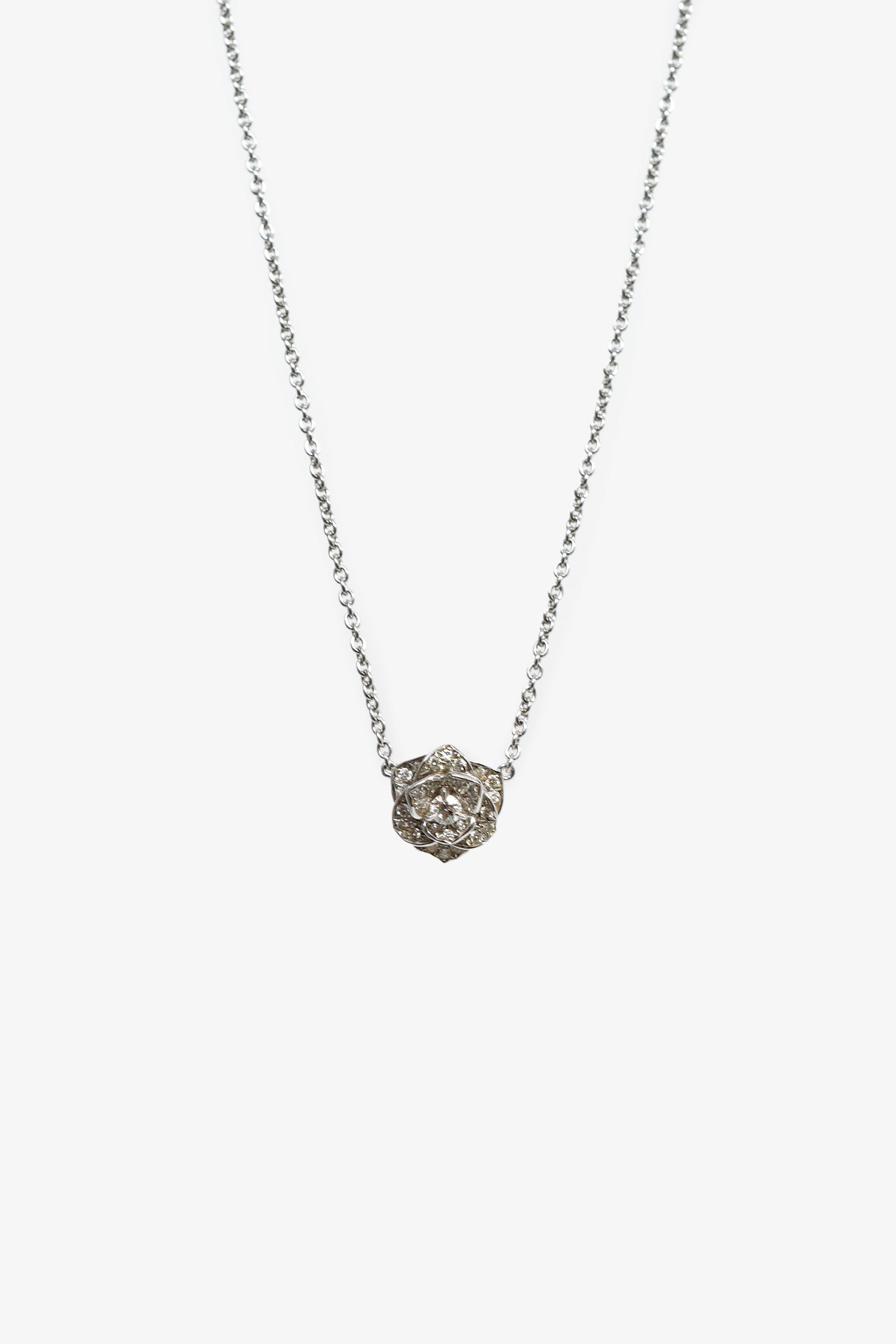 Piaget 18K White Gold .23ct Diamond Rose Pendant Necklace