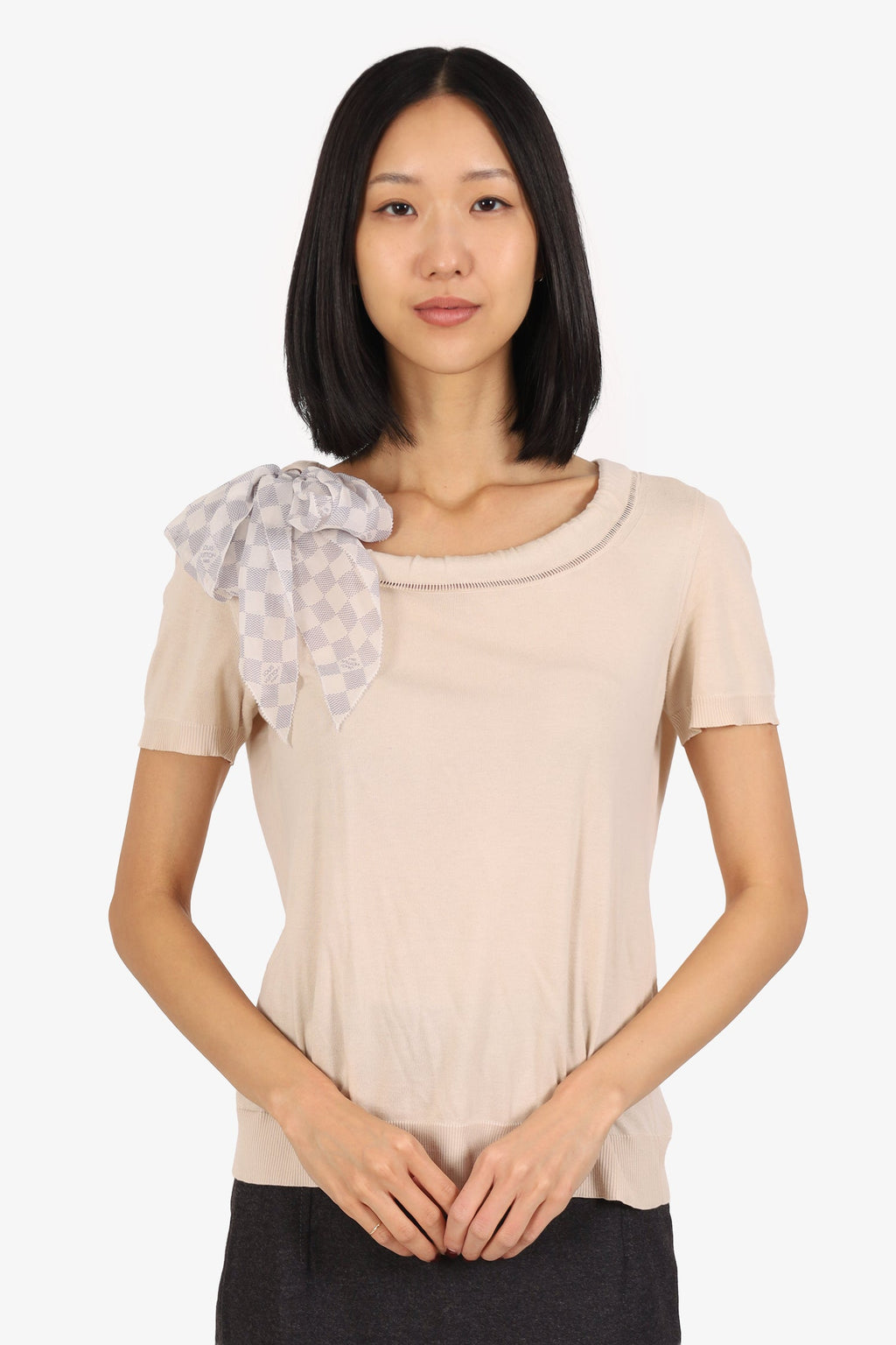 Louis Vuitton Cream Knit Short Sleeve Top With Silk Damier Scarf Size S