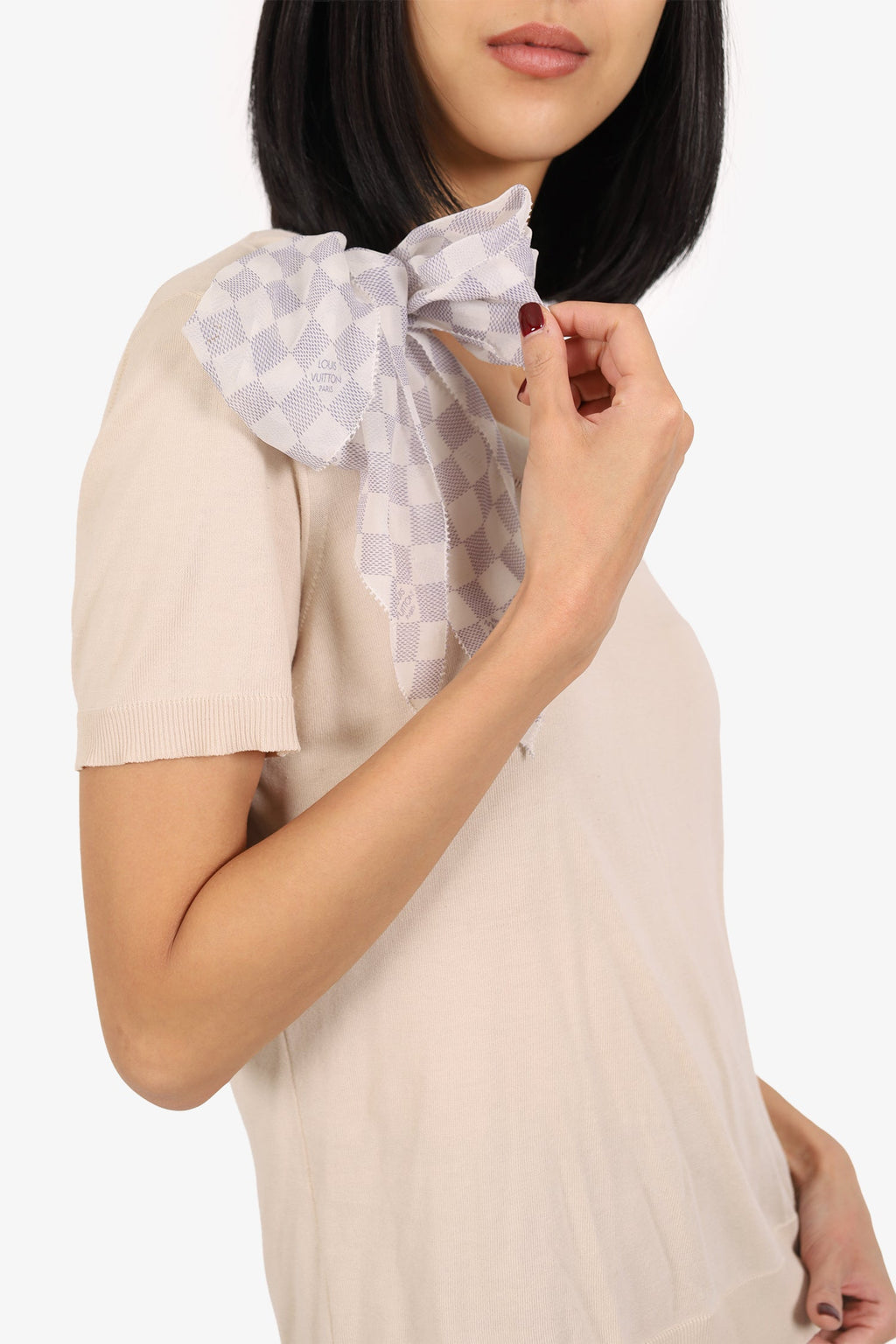 Louis Vuitton Cream Knit Short Sleeve Top With Silk Damier Scarf Size S