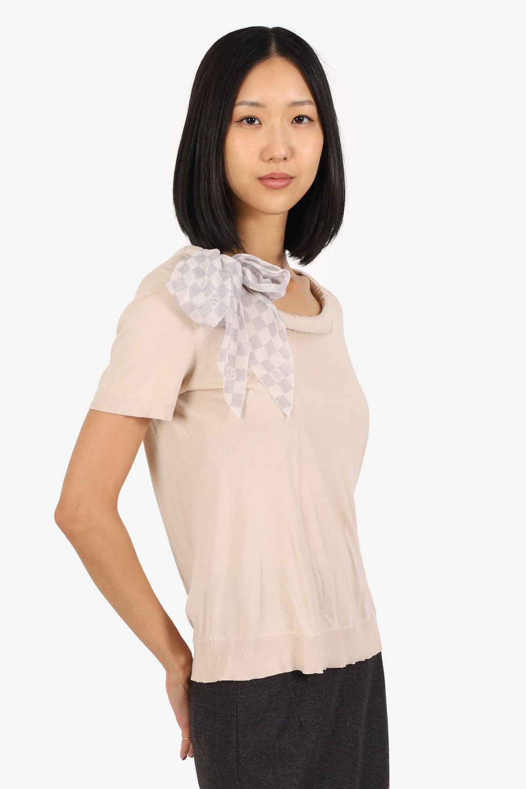 Louis Vuitton Cream Knit Short Sleeve Top With Silk Damier Scarf Size S