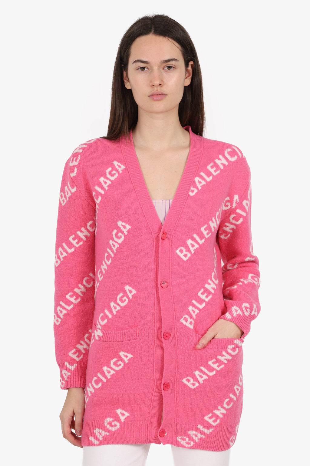 Balenciaga Pink Wool Logo All Over igan Size XS
