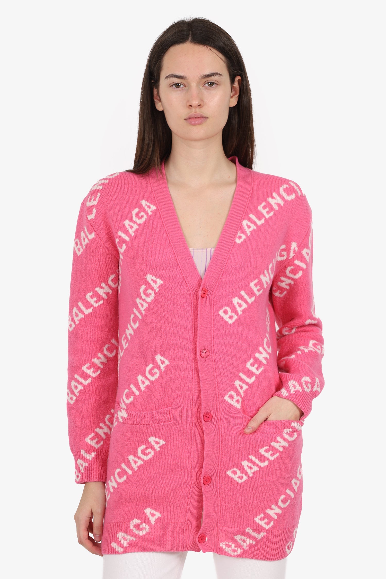 Balenciaga Pink Wool Logo All Over igan Size XS