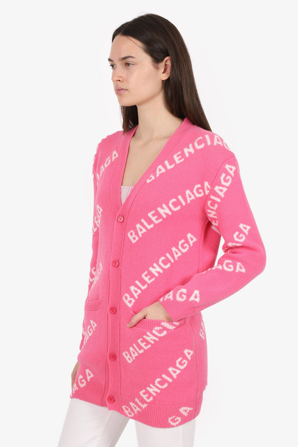 Balenciaga Pink Wool Logo All Over igan Size XS