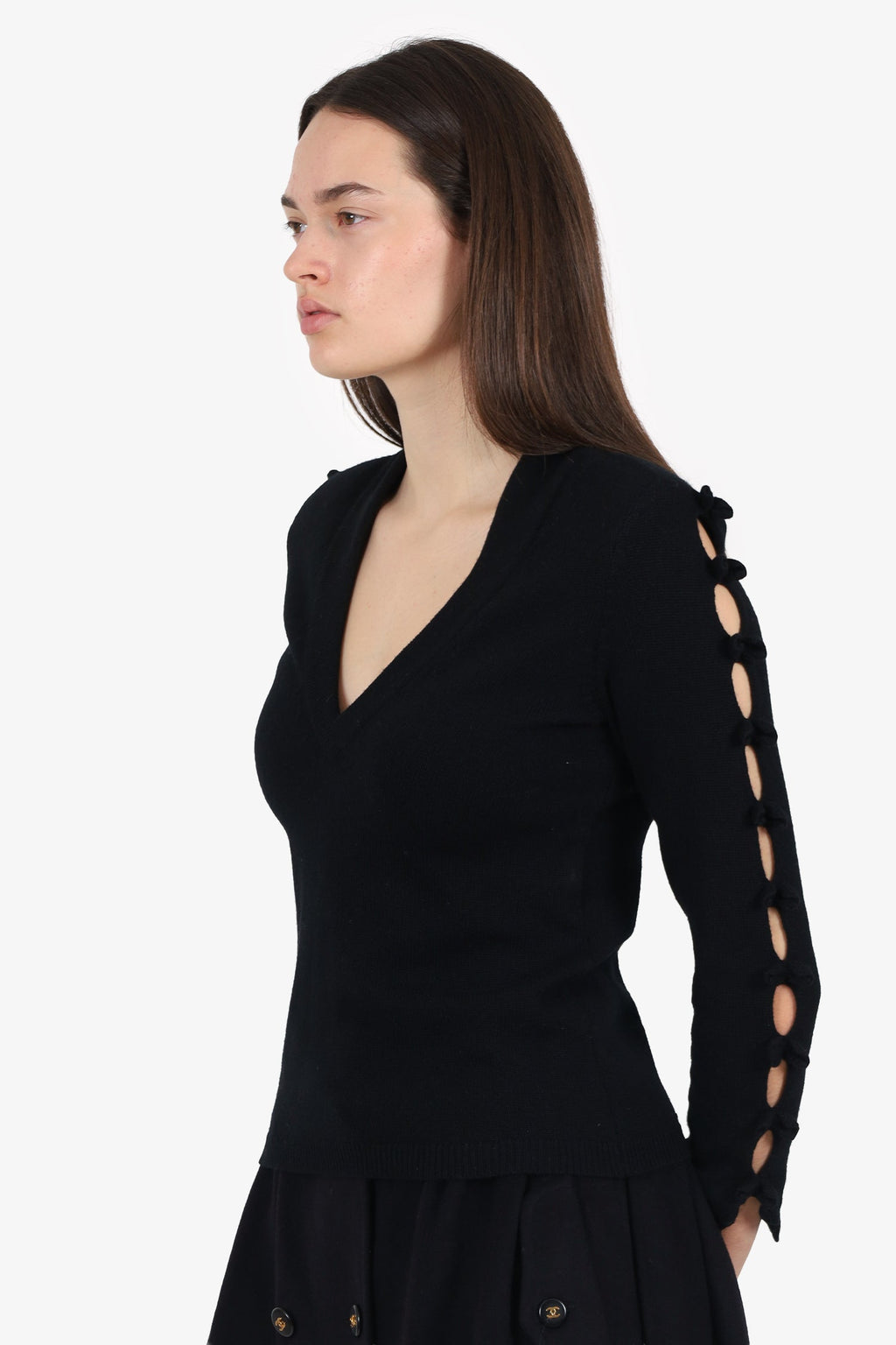 Pre-Loved Chanel™ Black Cashmere Bow Sleeve Sweater Size 36