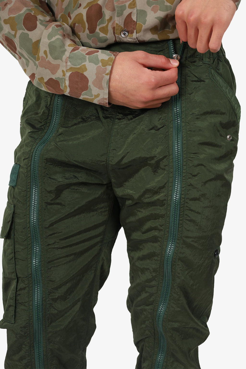 Stone Island Green Nylon Cargo Zip Front Pants Size 30