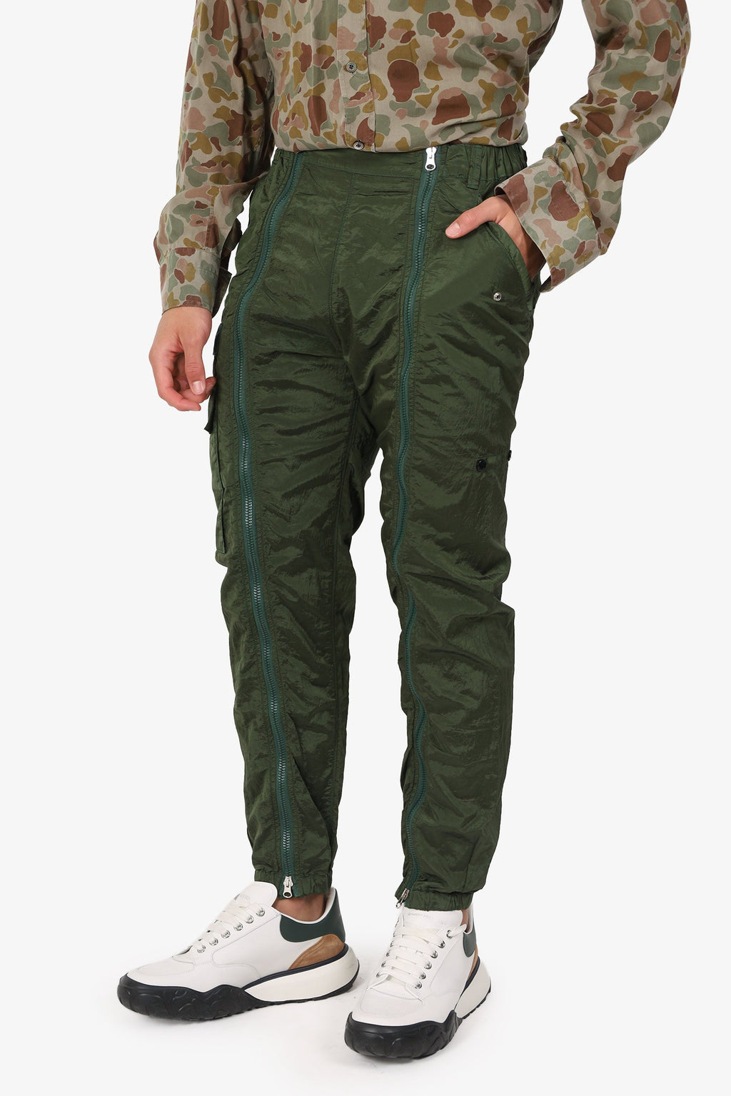 Stone Island Green Nylon Cargo Zip Front Pants Size 30