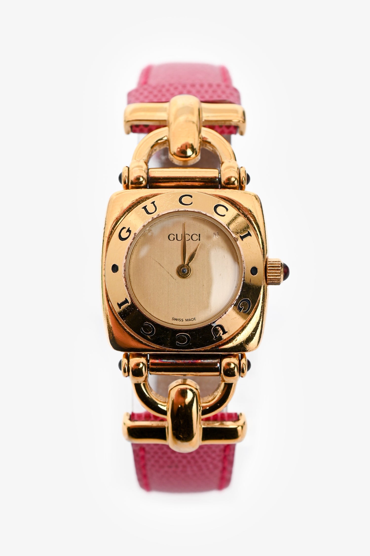 Gucci Vintage Gold Tone Metal/Pink Lizard Embossed Strap Watch