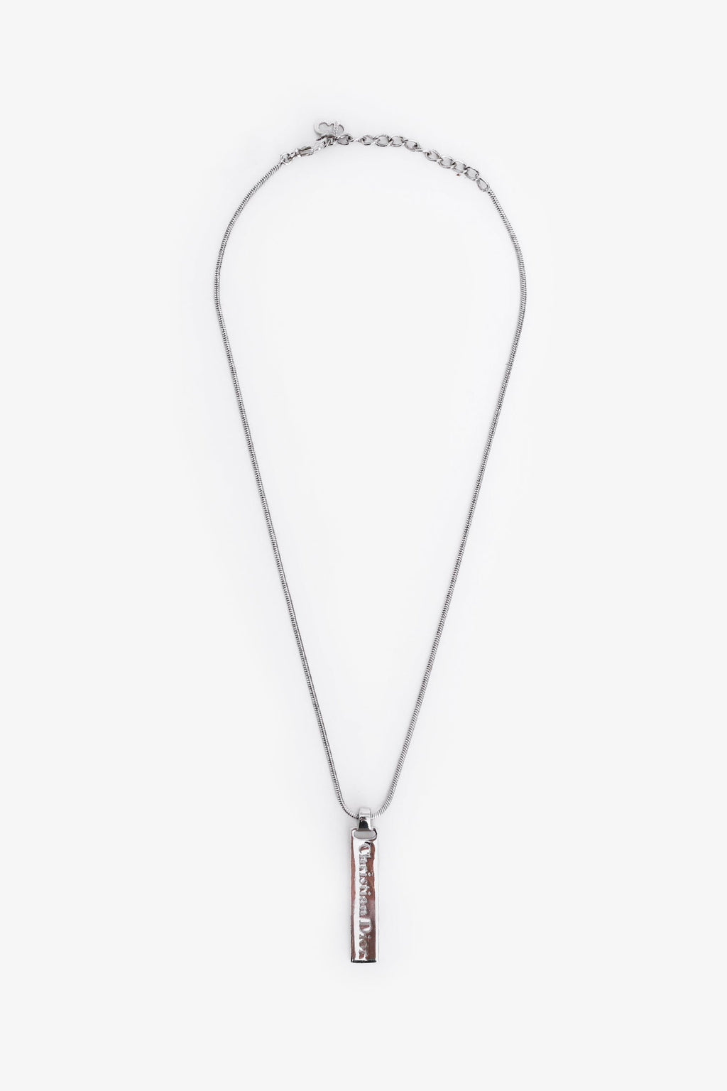 Christian Dior Silver Tone Metal Logo Plaque Pendant Necklace