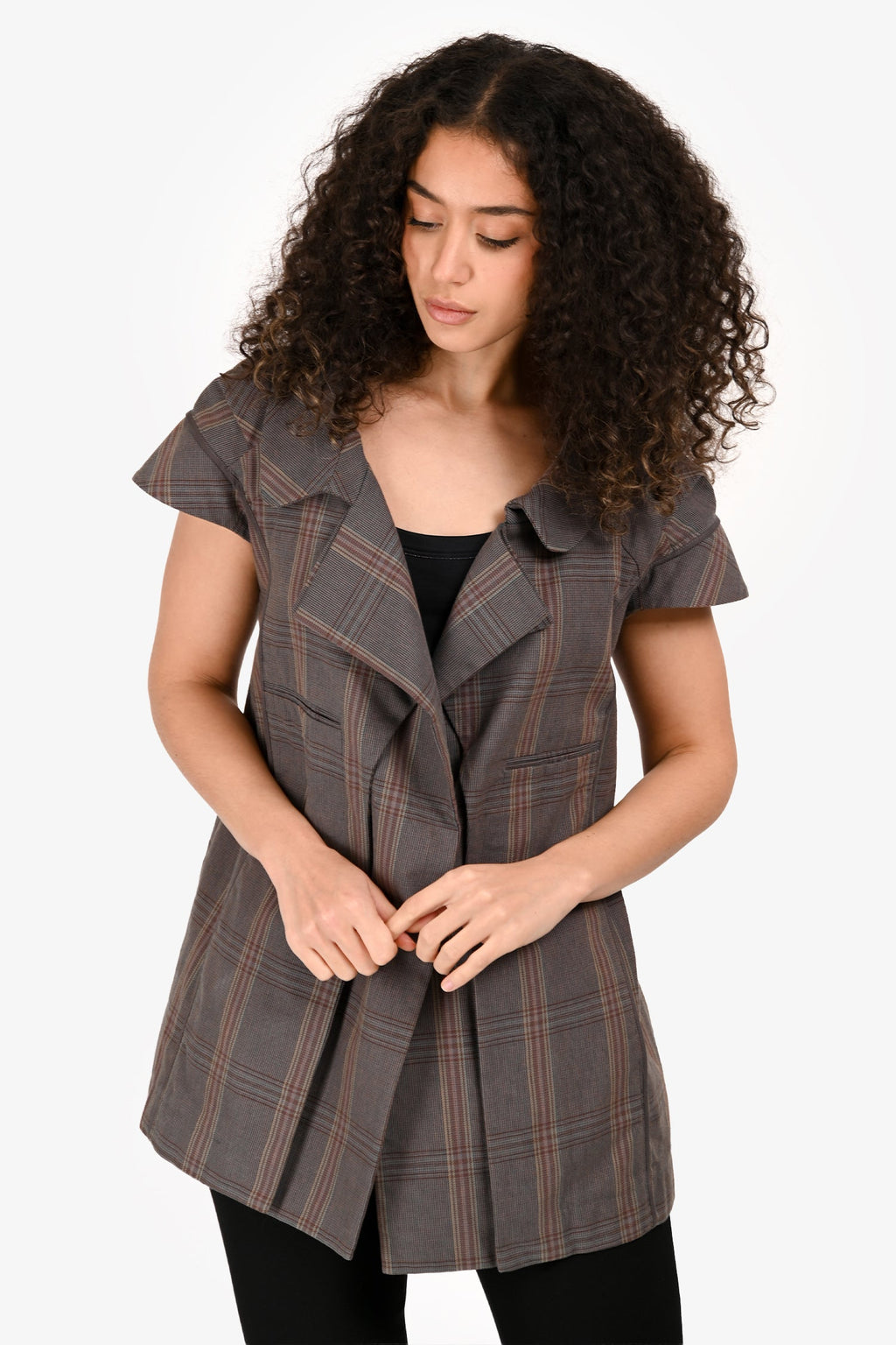 Marni Grey Plaid Sweetheart Neckline Cap Sleeve Top Size 38